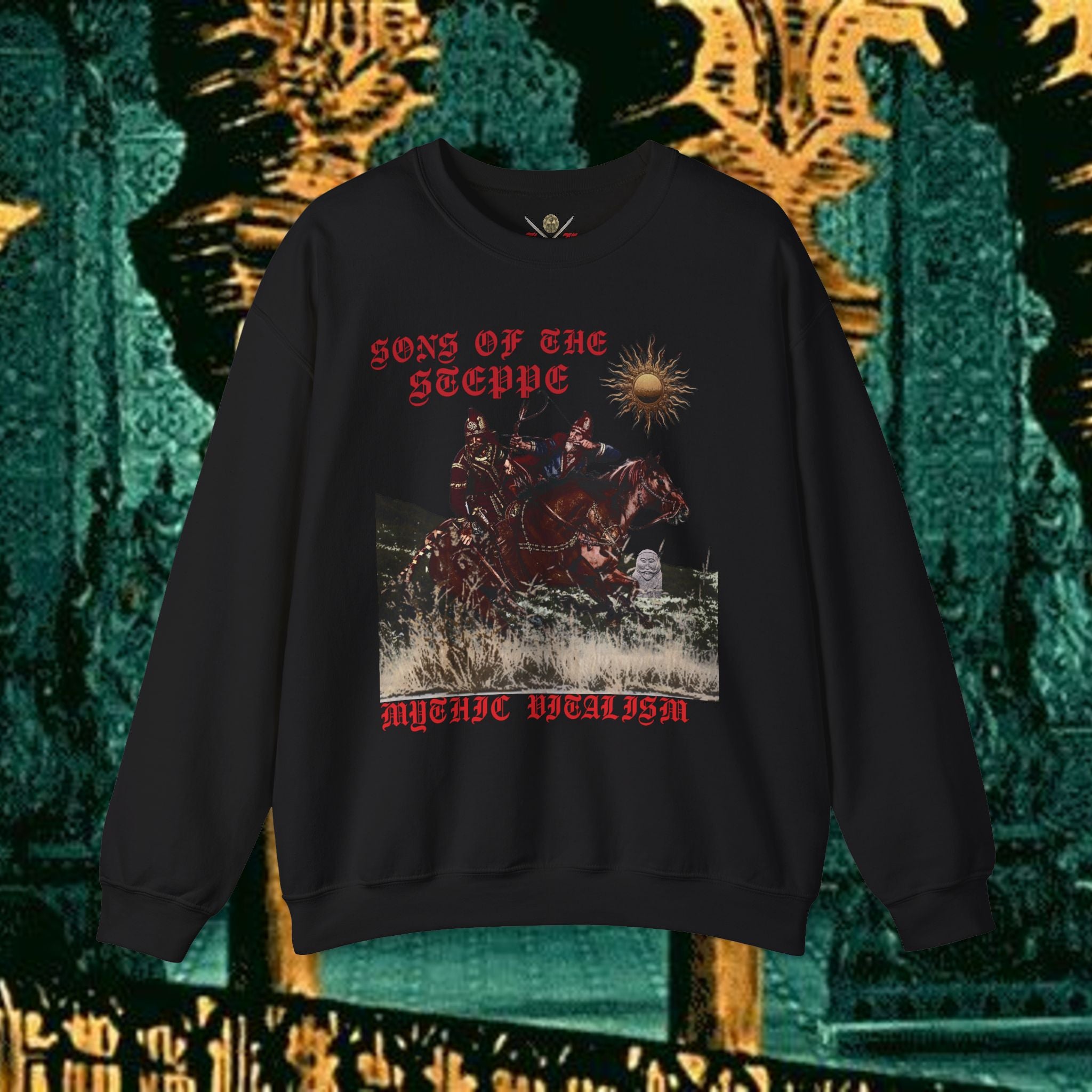 Sons of the Steppe Graphic Sweatshirt — Mythic Warrior Horsemen Crewneck