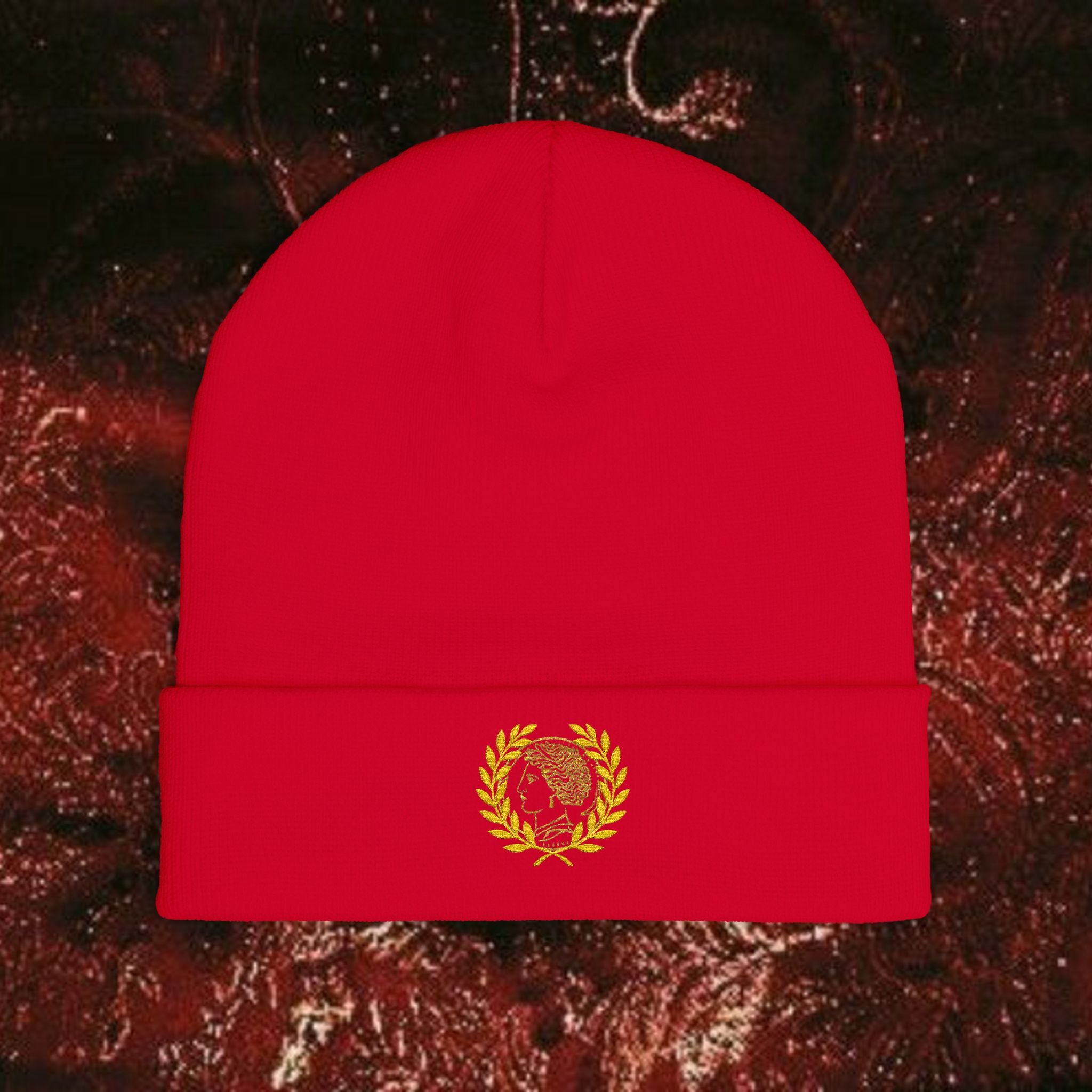 Golden Laurel Embroidered Knit Beanie - Ancient Greek Inspired Winter Hat