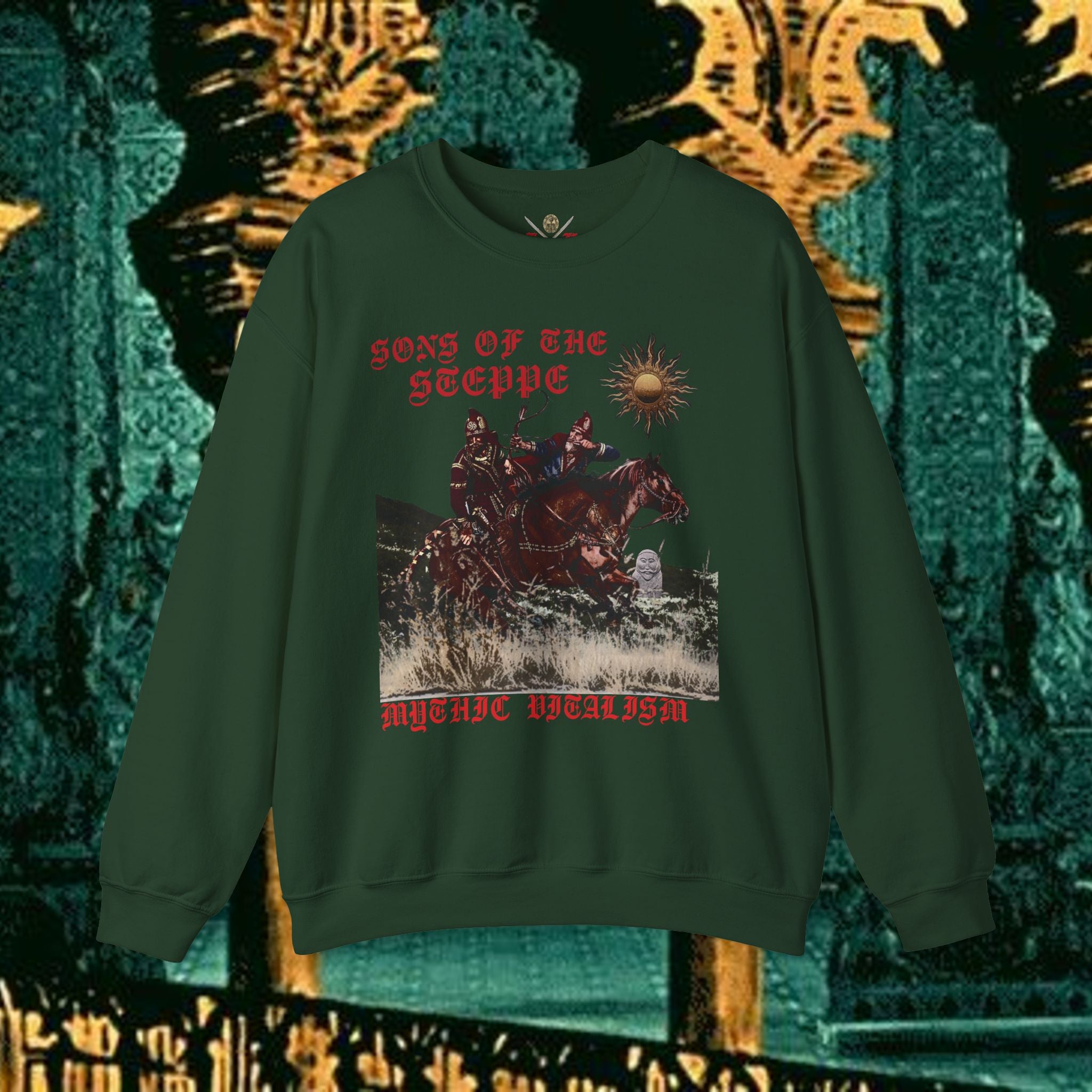 Sons of the Steppe Graphic Sweatshirt — Mythic Warrior Horsemen Crewneck
