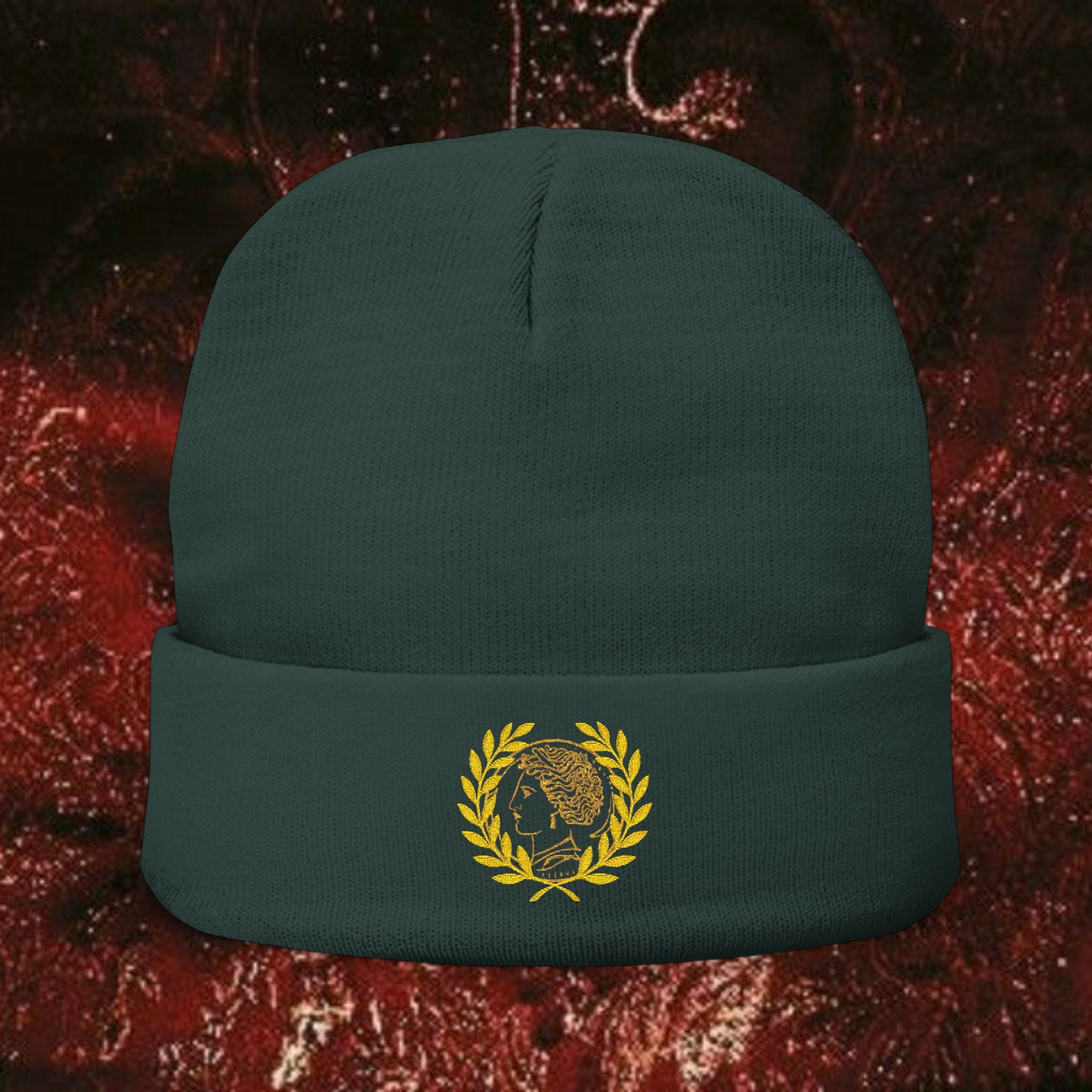Golden Laurel Embroidered Knit Beanie - Ancient Greek Inspired Winter Hat