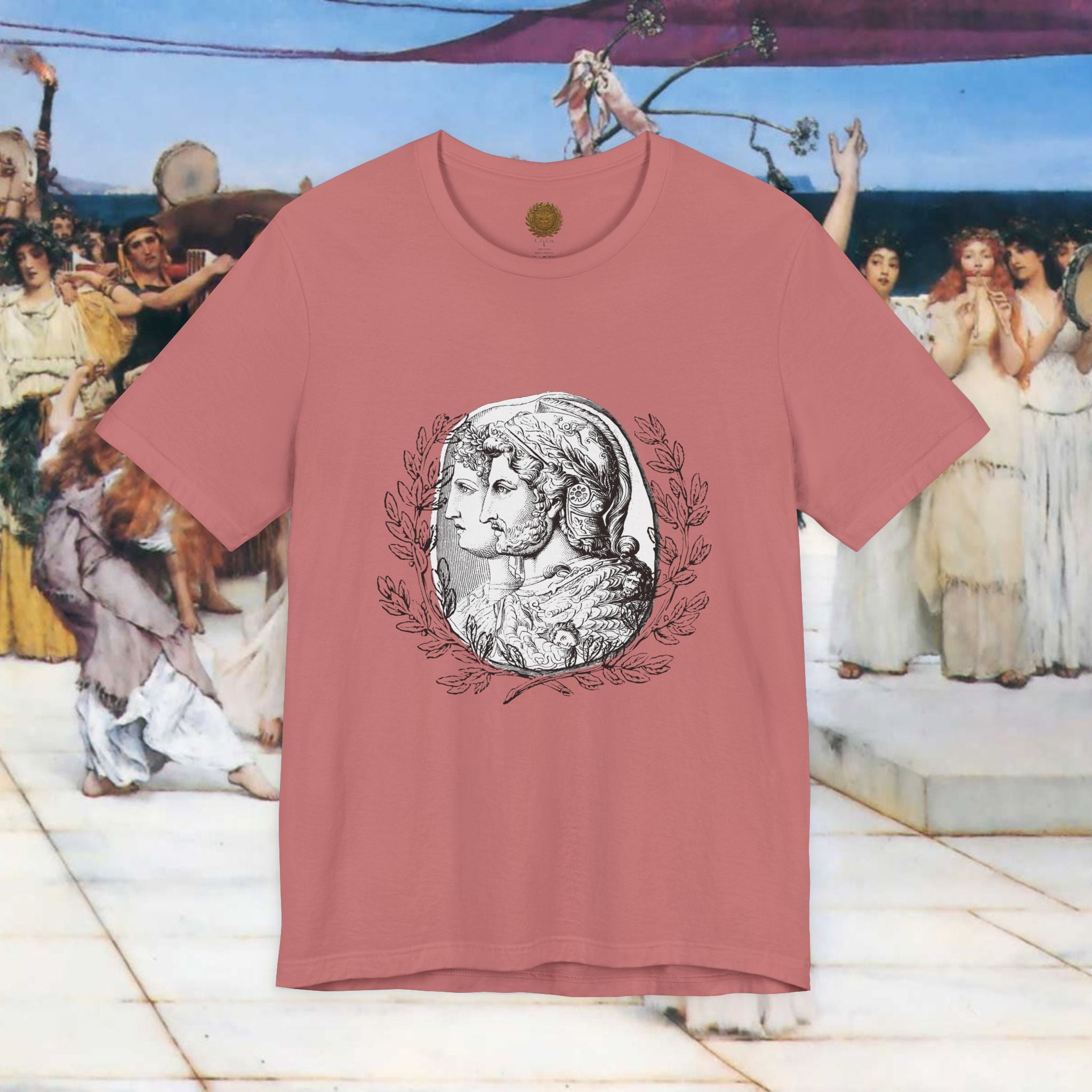 Roman Warrior Cameo Graphic T-Shirt – Plumed Helmet Portrait in Engraved Medallion Style | Ancient History Gift
