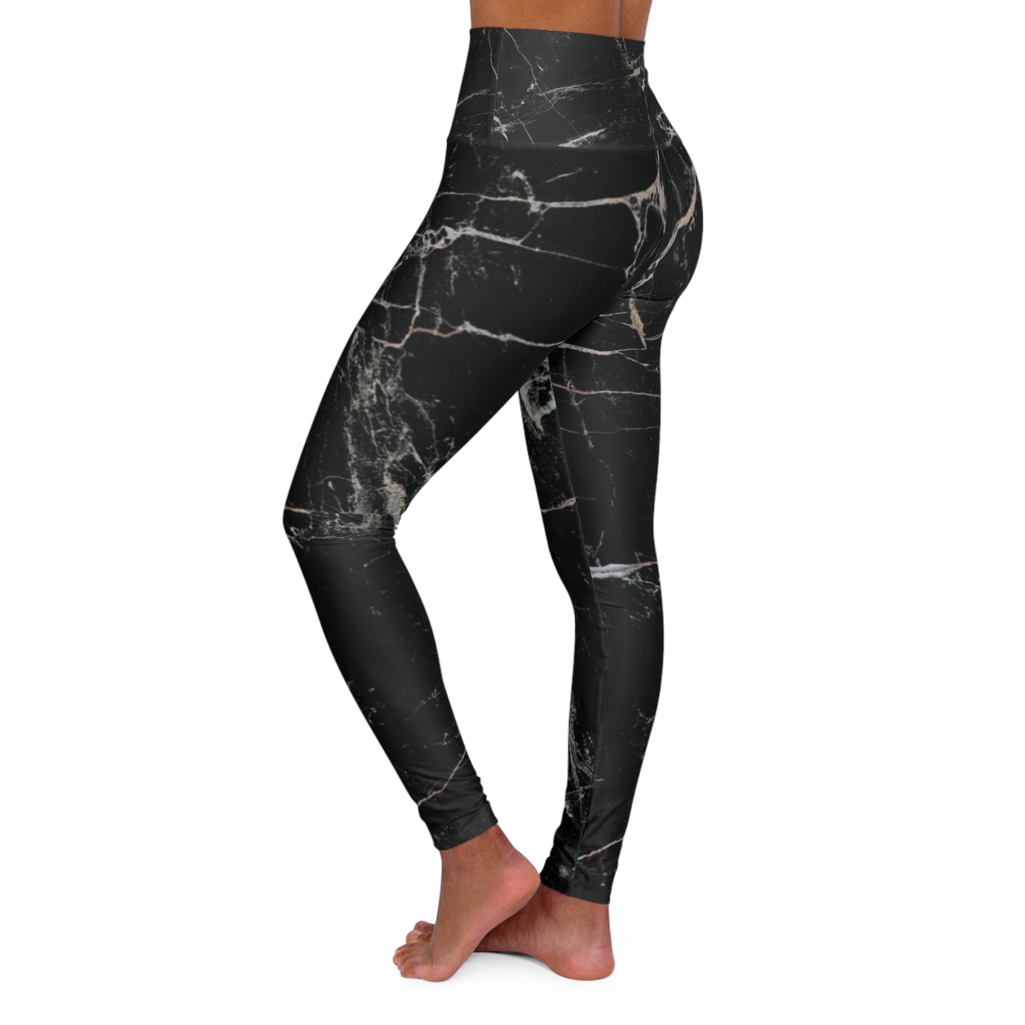 Black Marble High Waisted Yoga Leggings - 4-Way Stretch Workout Pants