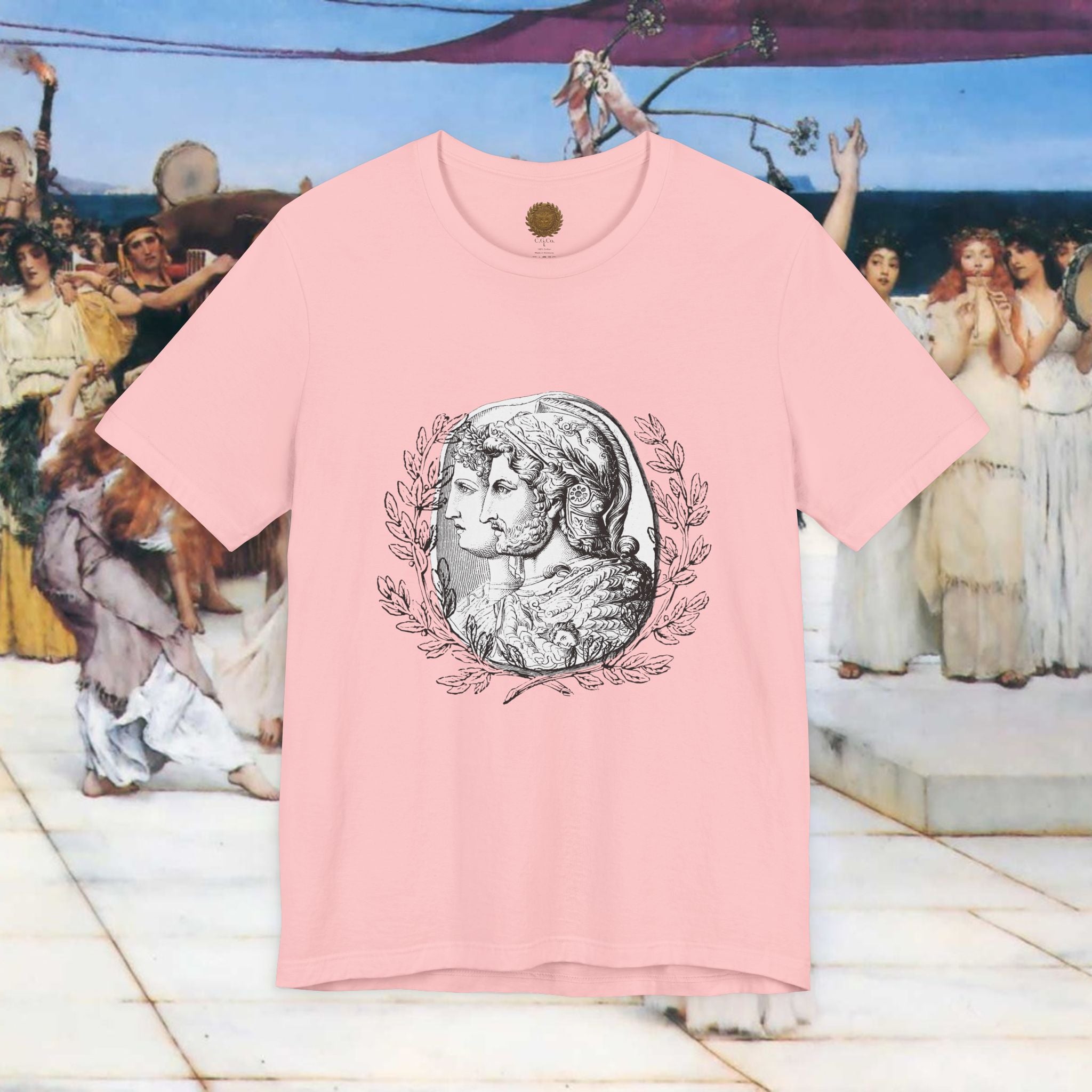 Roman Warrior Cameo Graphic T-Shirt – Plumed Helmet Portrait in Engraved Medallion Style | Ancient History Gift