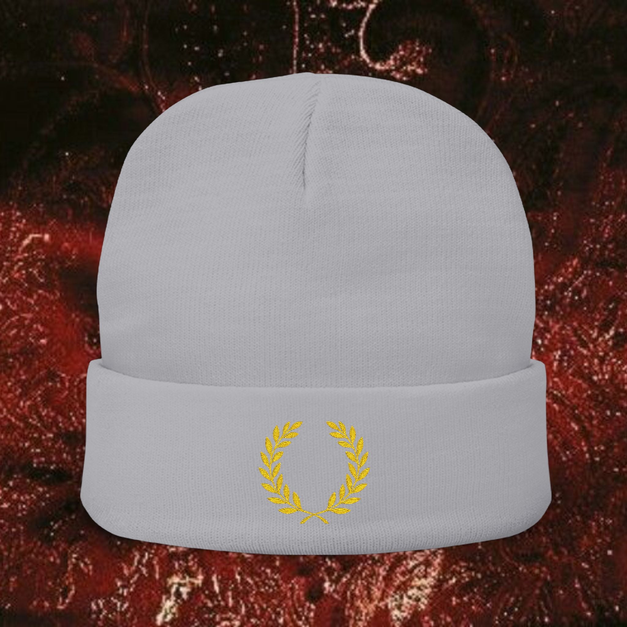 Gold Laurel Knit Beanie - Embroidered Winter Hat