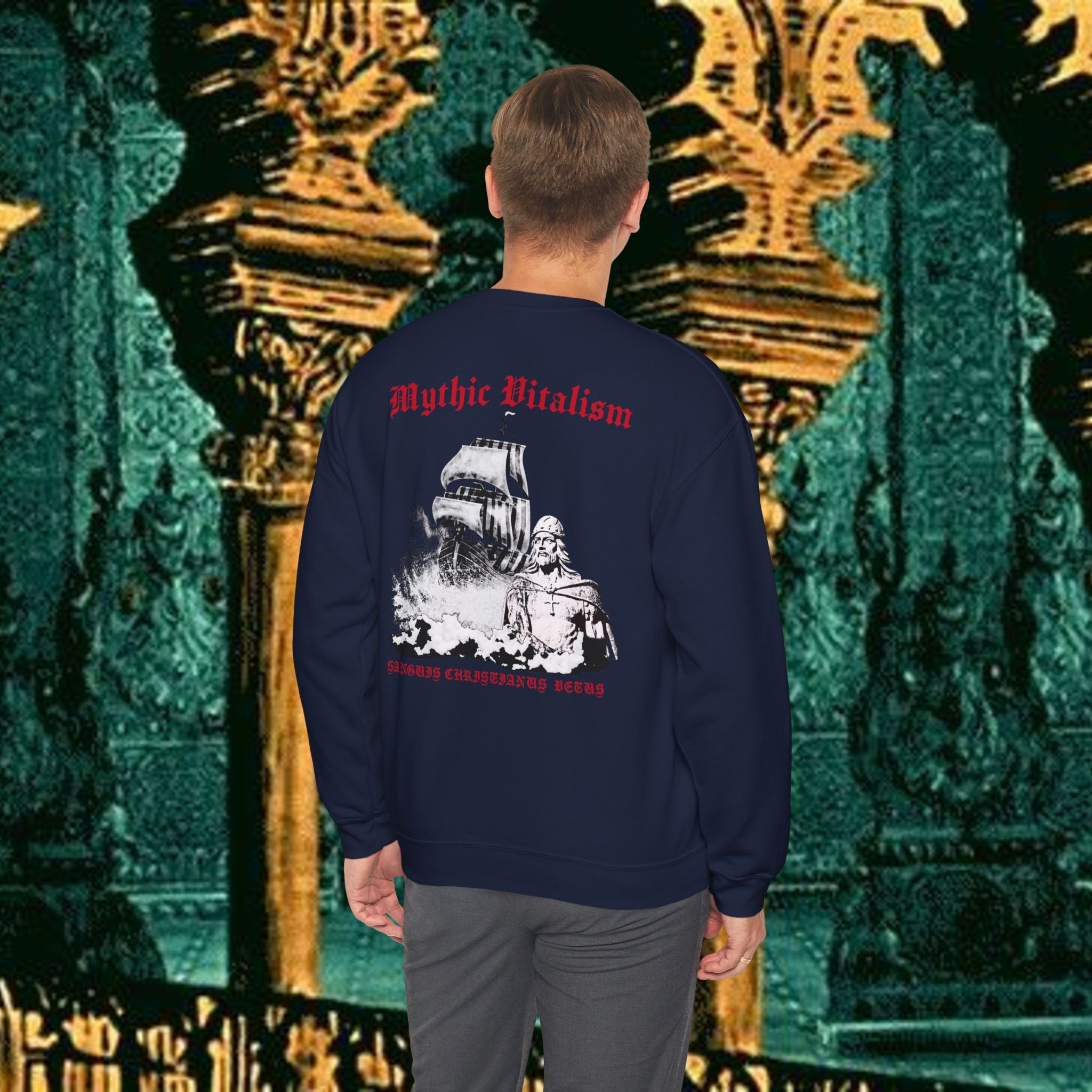 Mythic Vitalism, Sanguis Christianus Vetus Exploration and Adventure Inspired Crewneck Sweatshirt – Back Version