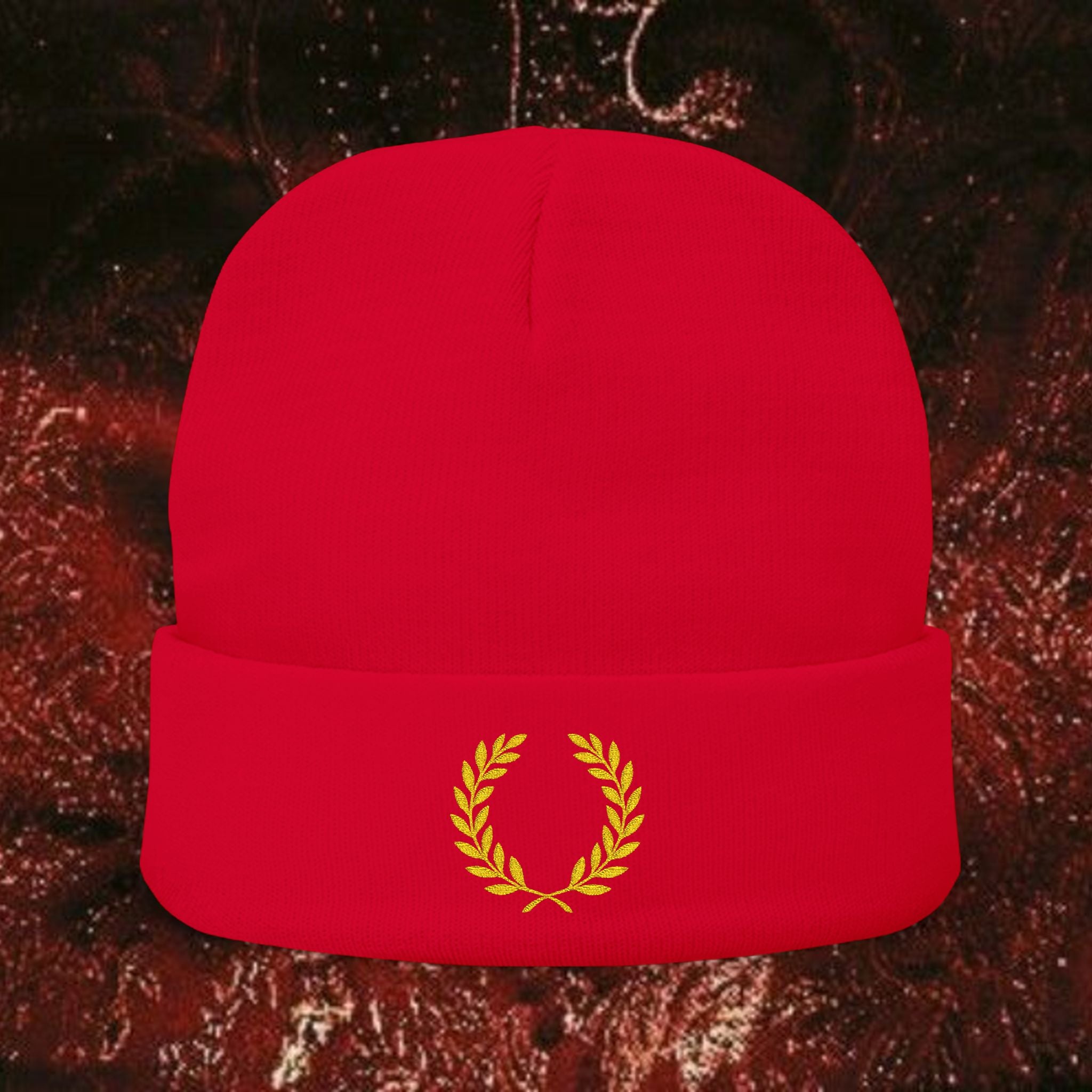 Gold Laurel Knit Beanie - Embroidered Winter Hat