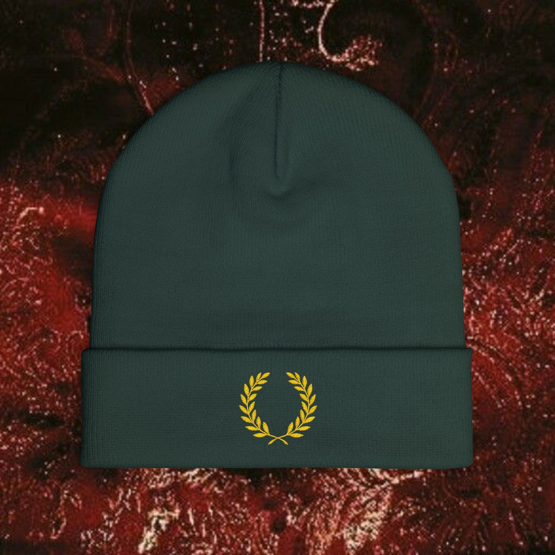 Gold Laurel Knit Beanie with Embroidered Laurel Wreath, Winter Accessory, Cozy Gift for Him/Her, Fall/Winter Fashion, Casual Headwear