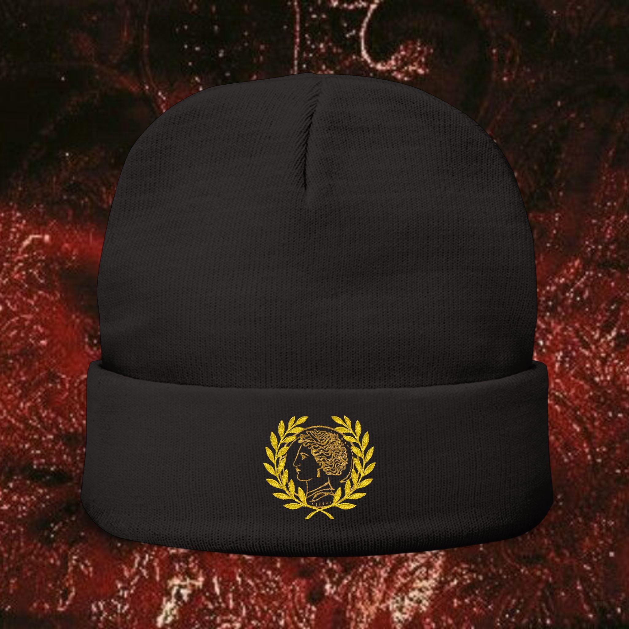 Golden Laurel Embroidered Knit Beanie - Ancient Greek Inspired Winter Hat
