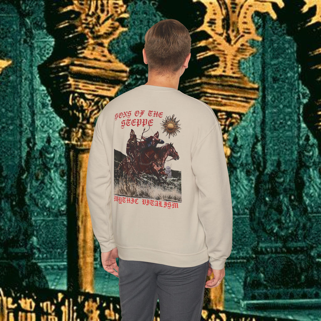 Sons of the Steppe Crewneck Sweatshirt — Mythic Warrior Horseback Graphic Back Version