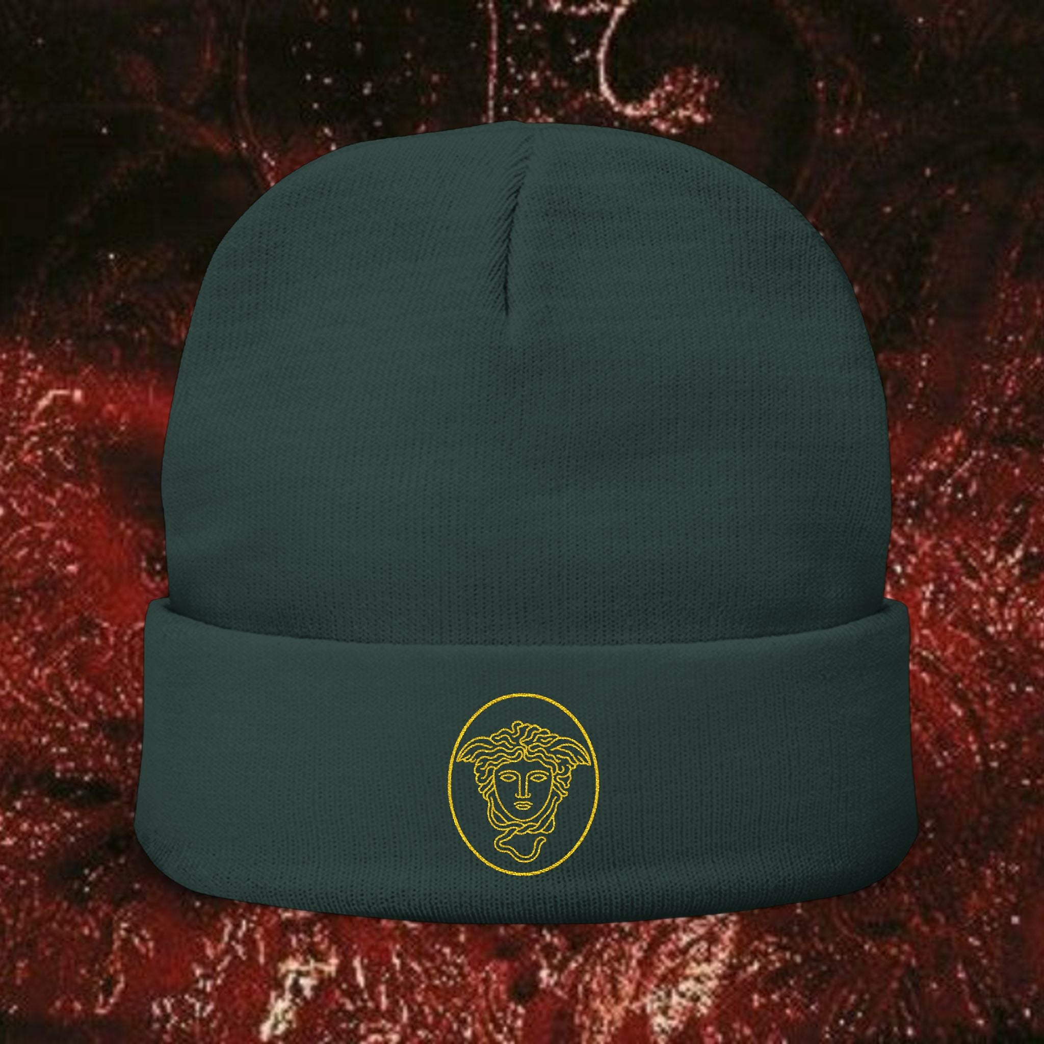 Medusa Wrath Embroidered Knit Beanie - Greek Mythology Winter Hat