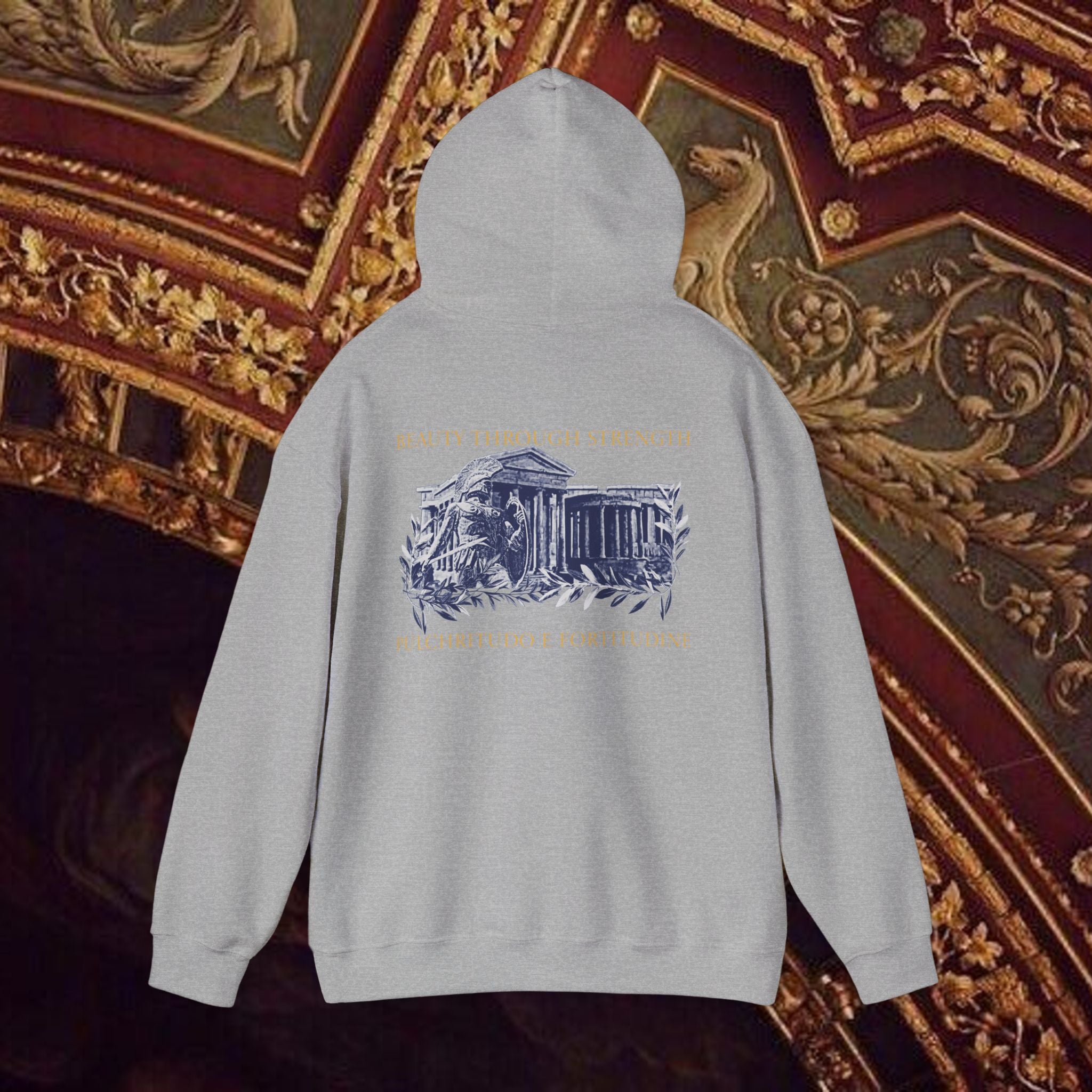 Guardian of the Temple Classically- Inspired Cotton Graphic Hoodie Back Version