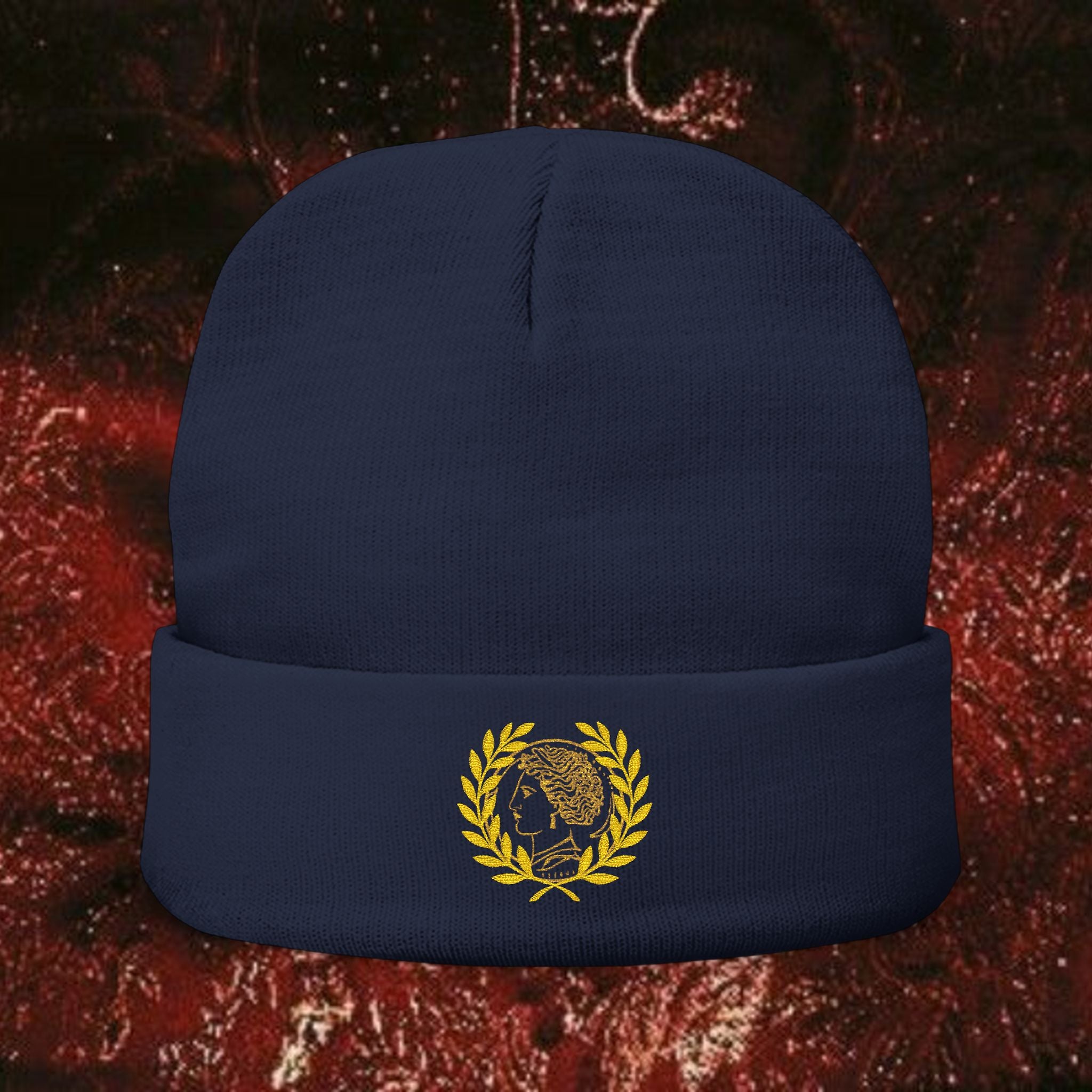 Golden Laurel Embroidered Knit Beanie - Ancient Greek Inspired Winter Hat