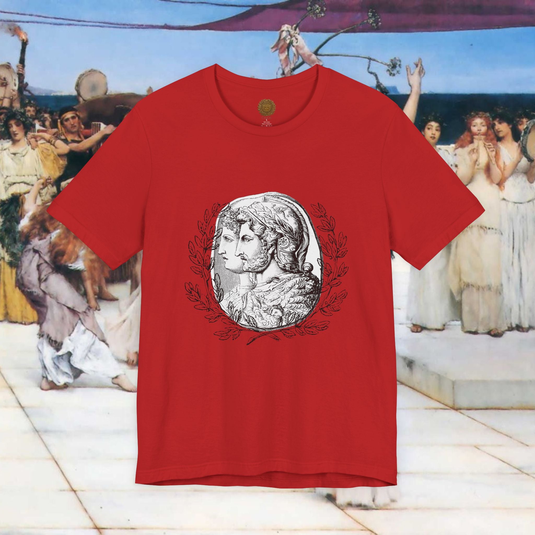 Roman Warrior Cameo Graphic T-Shirt – Plumed Helmet Portrait in Engraved Medallion Style | Ancient History Gift