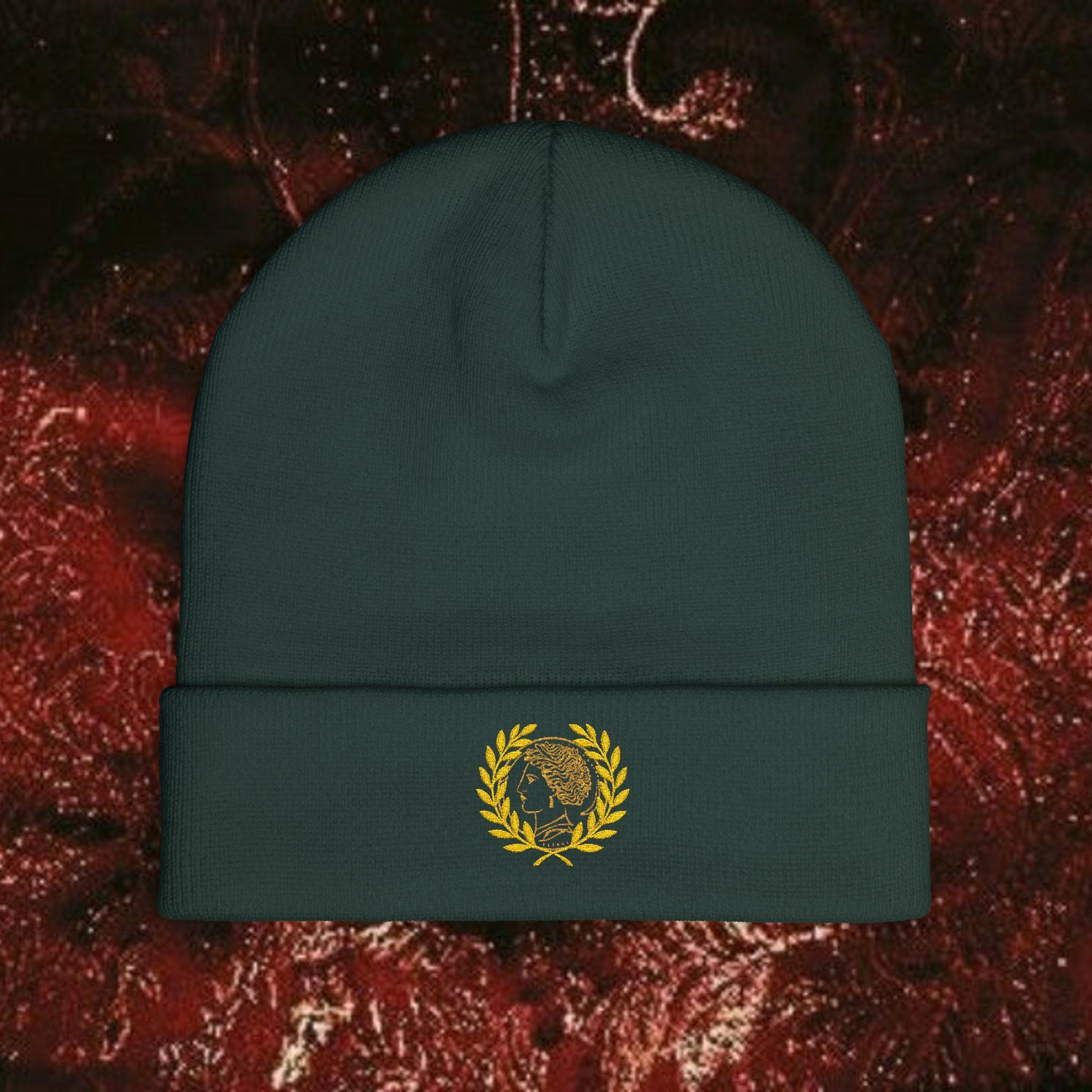 Embroidered Knit Beanie with Golden Laurel Design, Winter Accessories, Gift for Her, Stylish Beanie, Cool Weather Hat, Casual Fashion