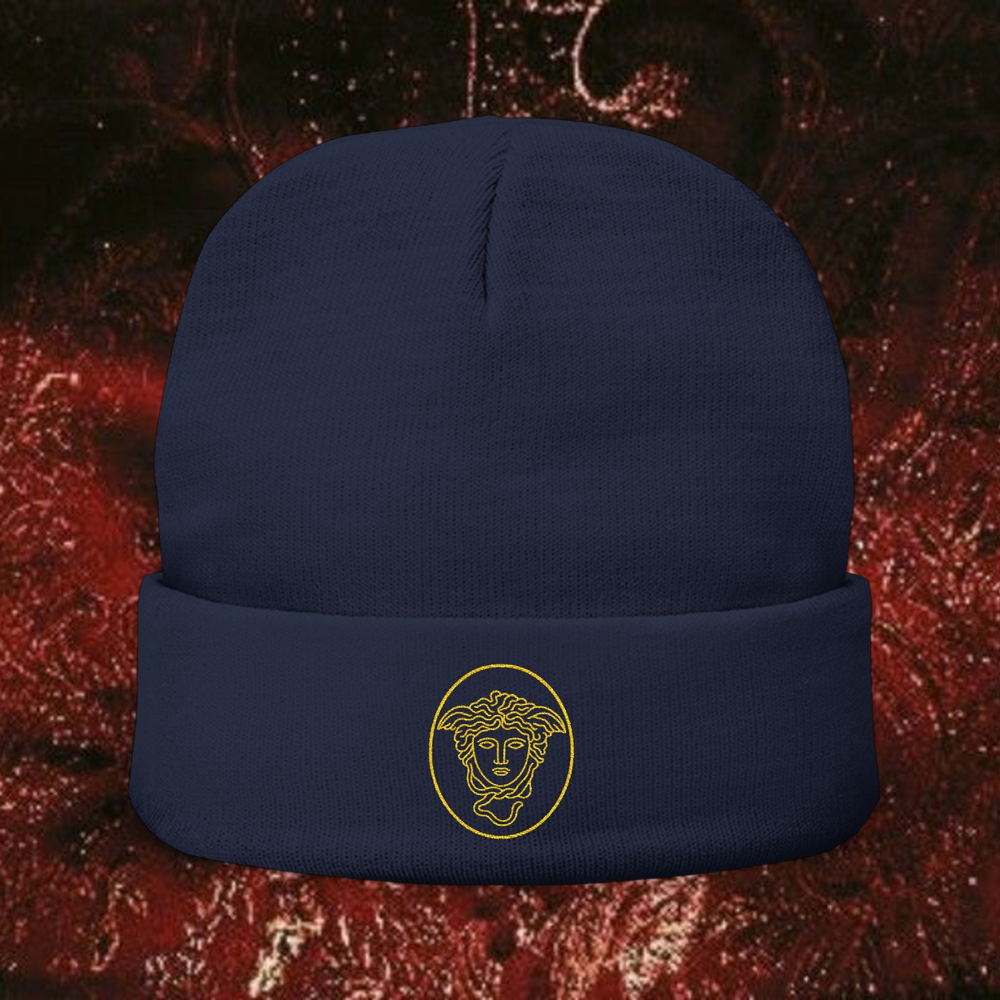 Medusa Wrath Embroidered Knit Beanie - Greek Mythology Winter Hat