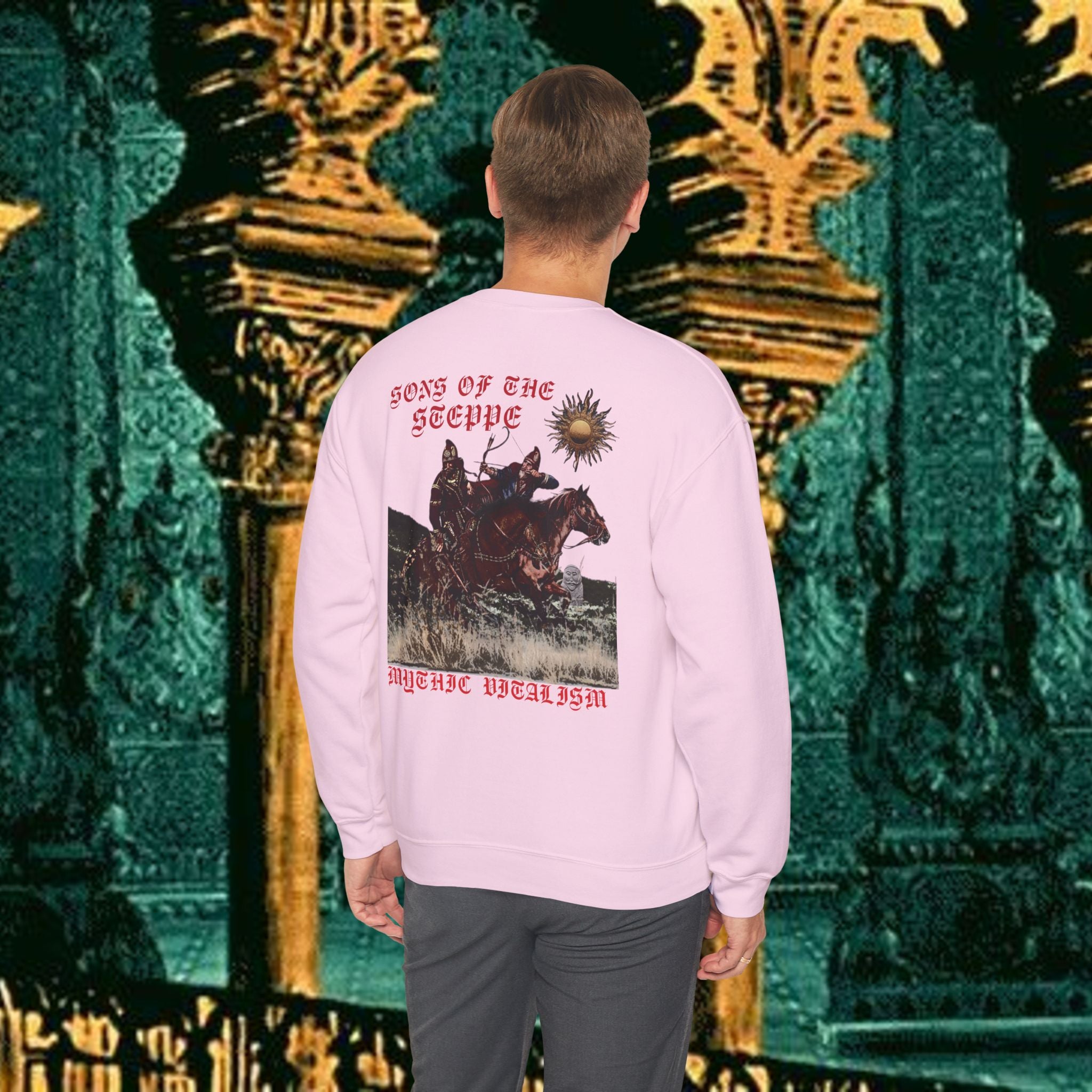 Sons of the Steppe Crewneck Sweatshirt — Mythic Warrior Horseback Graphic Back Version