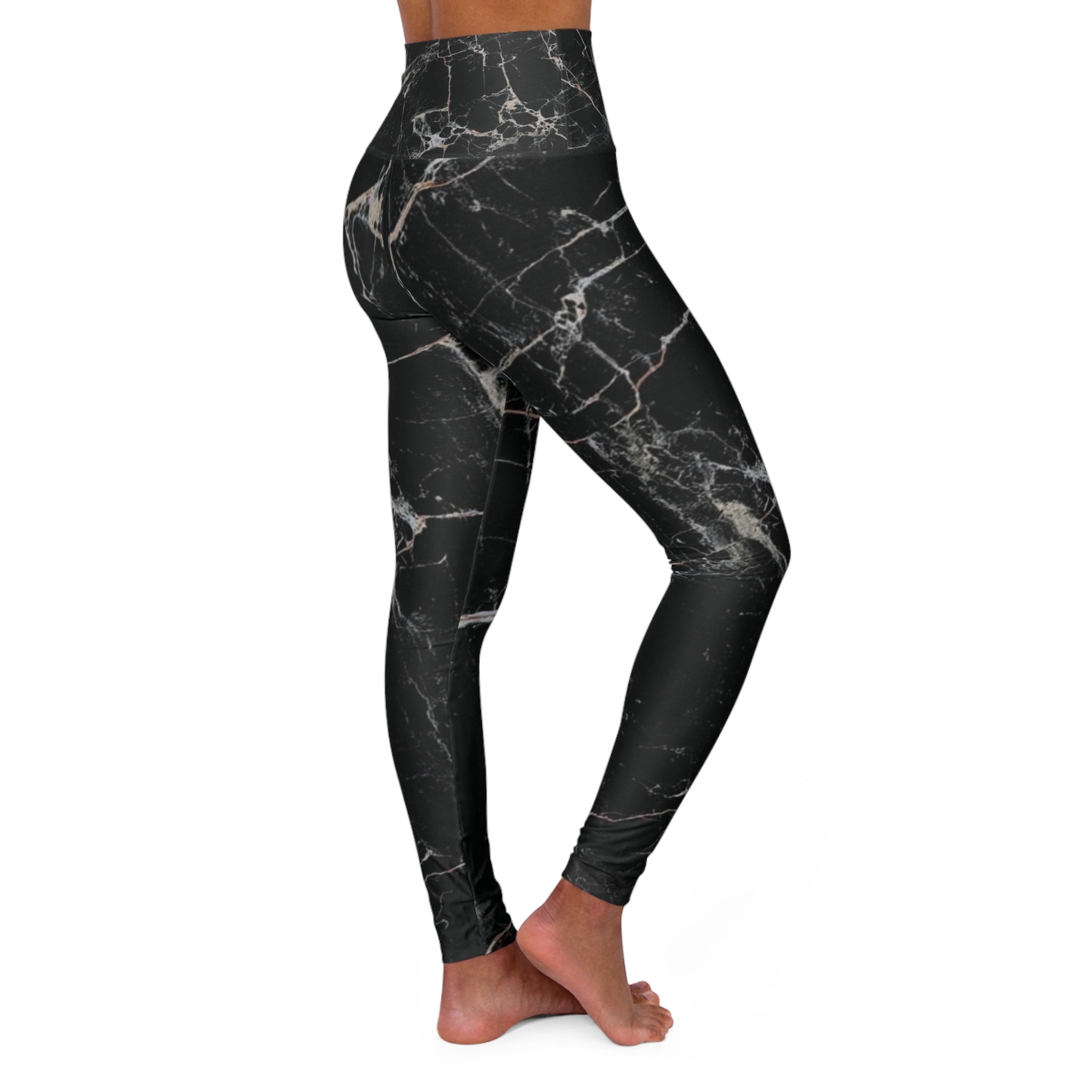 Black Marble High Waisted Yoga Leggings - 4-Way Stretch Workout Pants