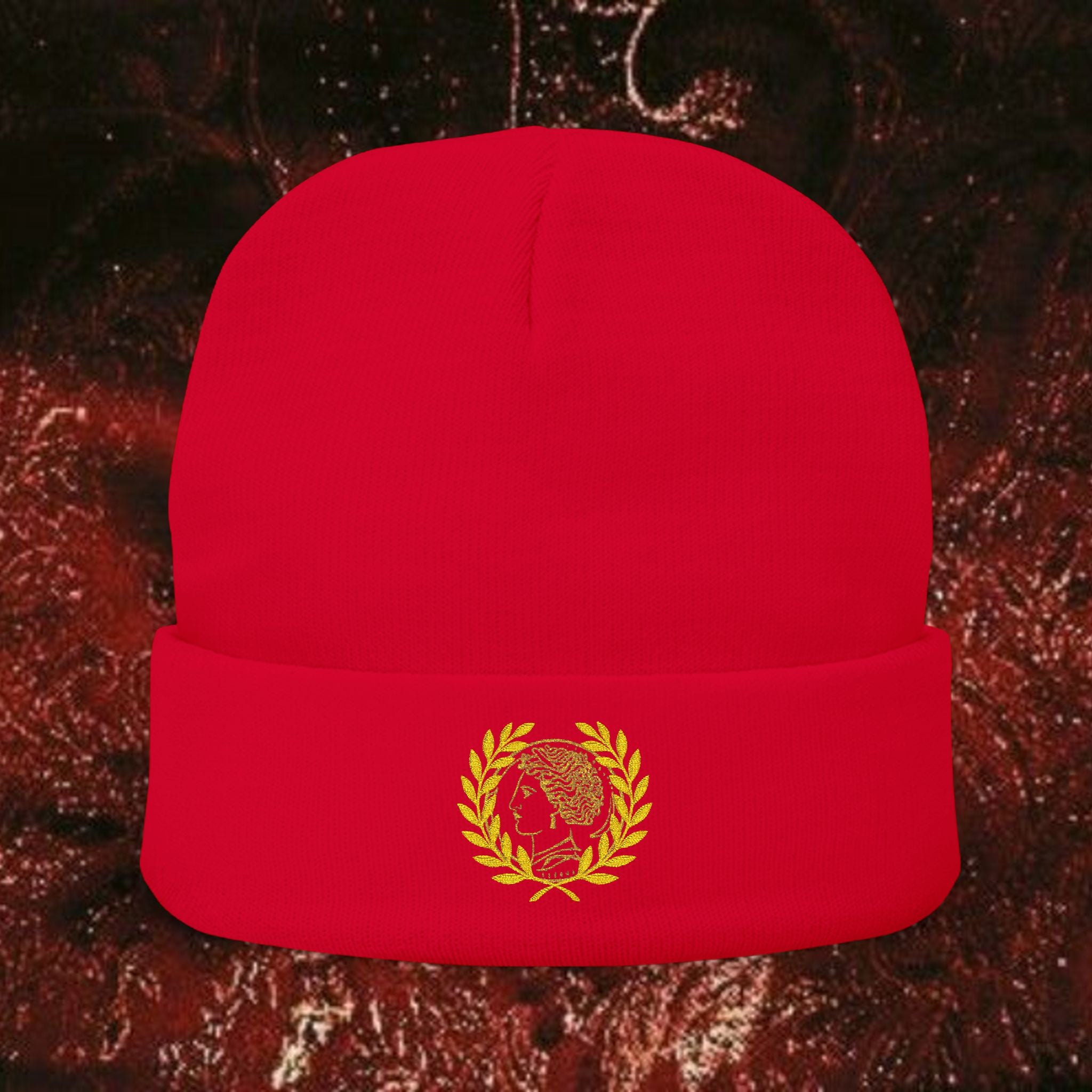 Golden Laurel Embroidered Knit Beanie - Ancient Greek Inspired Winter Hat
