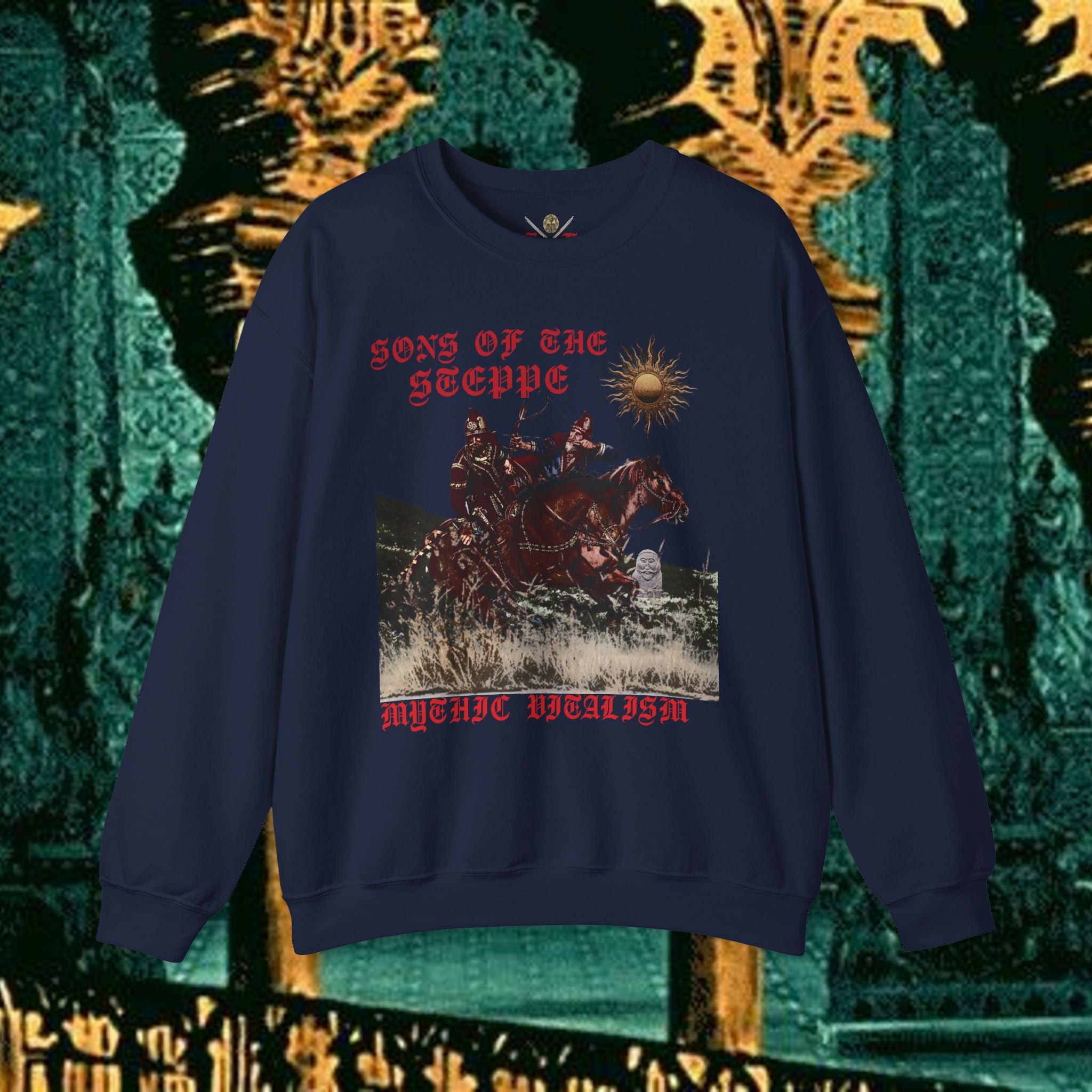 Sons of the Steppe Graphic Sweatshirt — Mythic Warrior Horsemen Crewneck