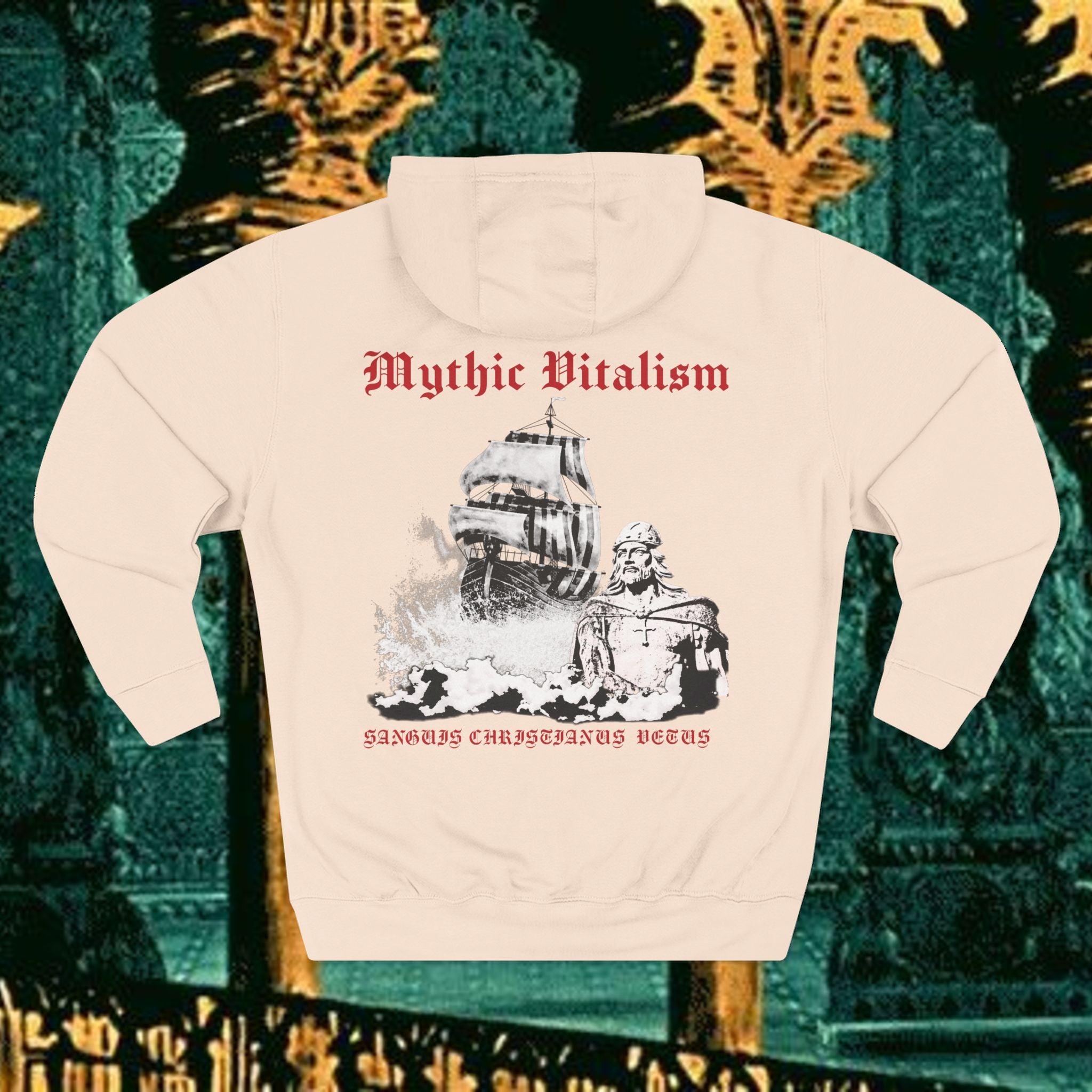 Mythic Vitalism, Sanguis Christianus Vetus Exploration and Adventure Inspired Graphic Fleece Hoodie back version