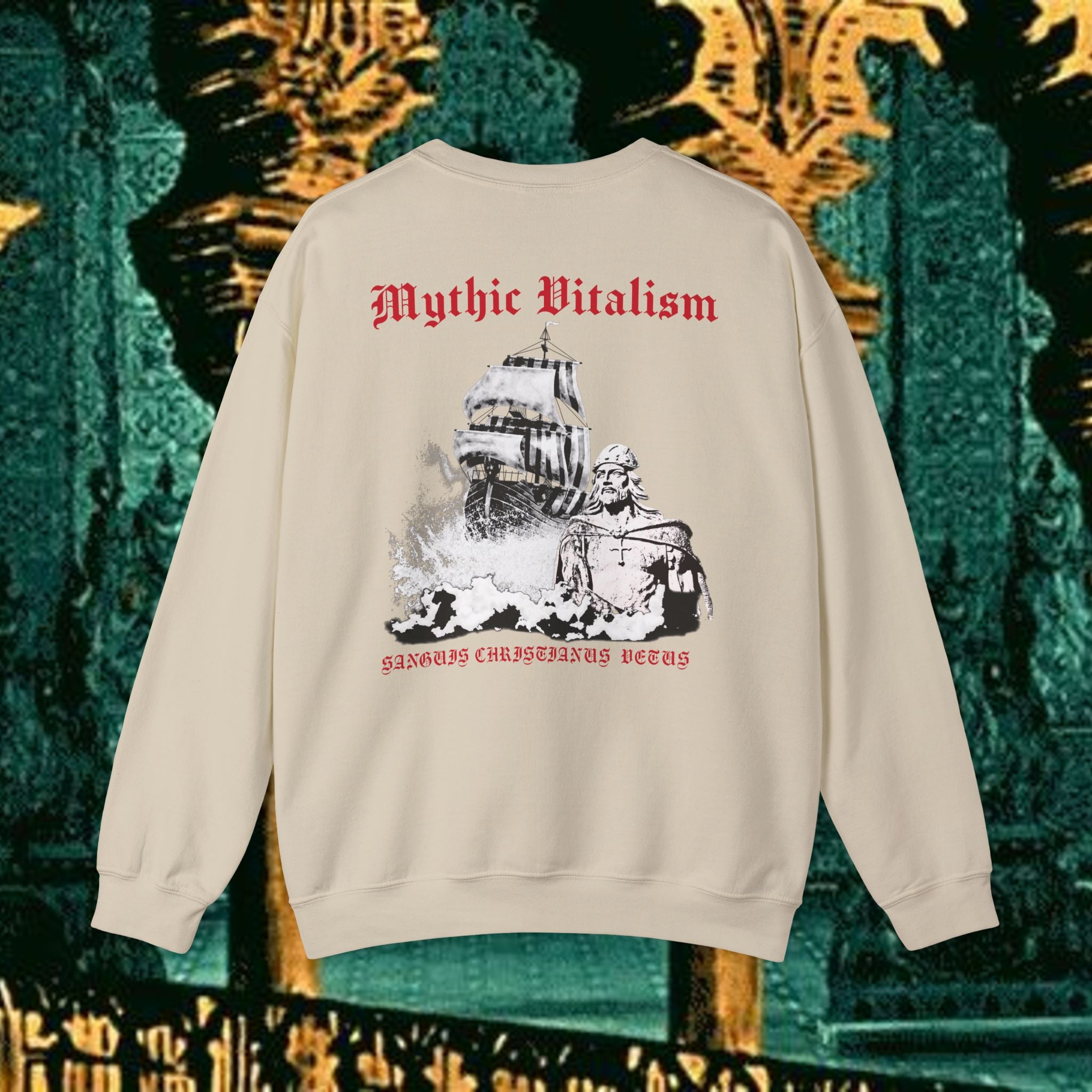 Mythic Vitalism, Sanguis Christianus Vetus Exploration and Adventure Inspired Crewneck Sweatshirt – Back Version