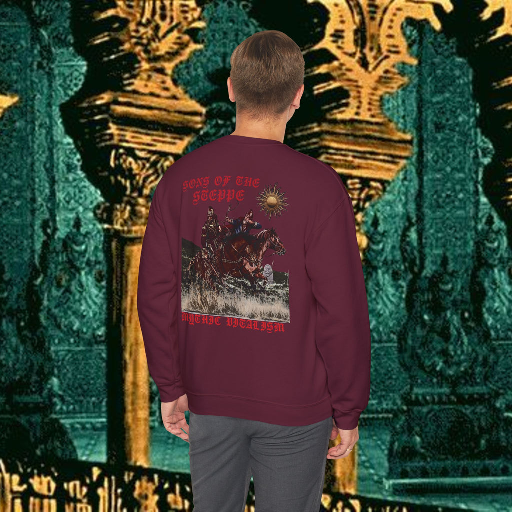 Sons of the Steppe Crewneck Sweatshirt — Mythic Warrior Horseback Graphic Back Version