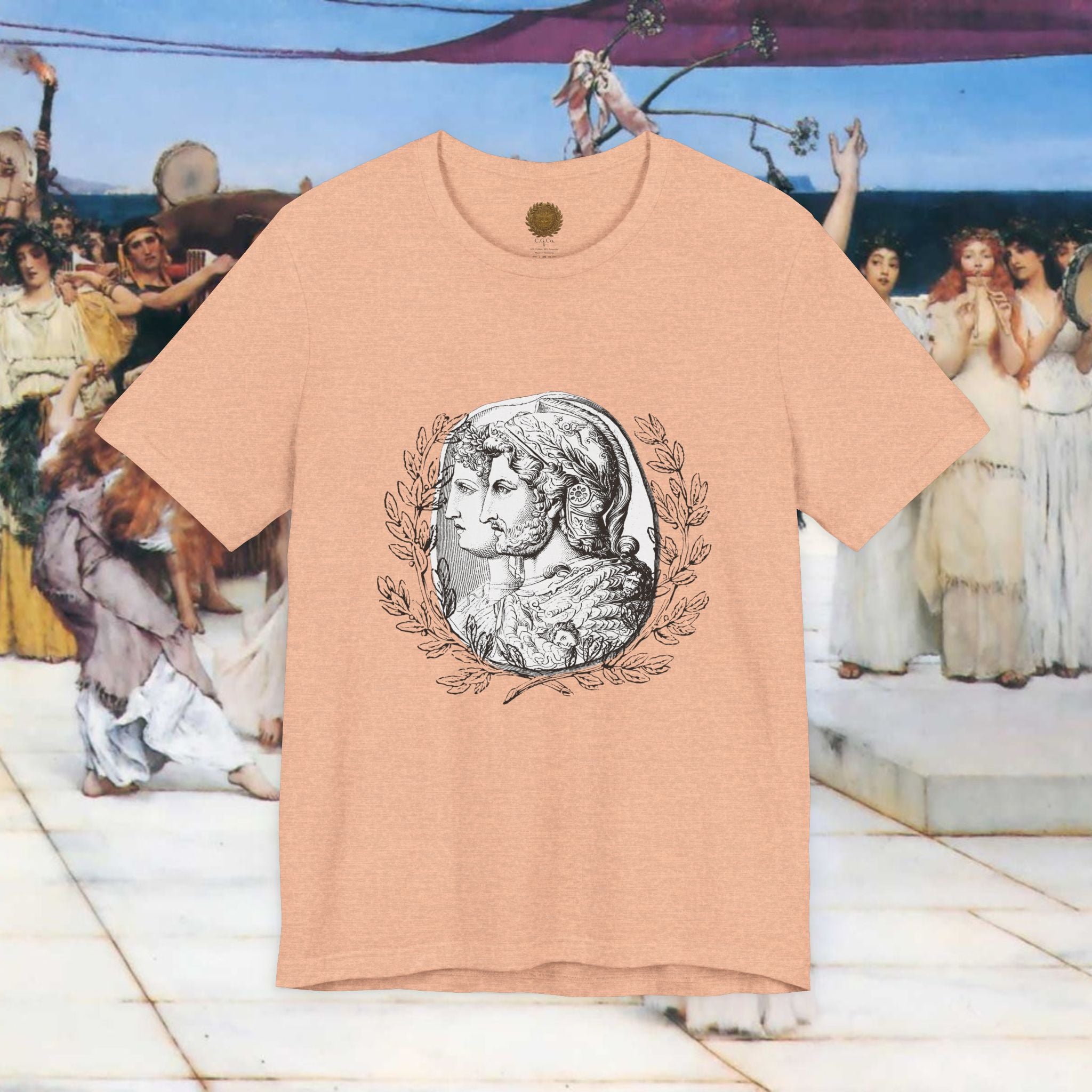 Roman Warrior Cameo Graphic T-Shirt – Plumed Helmet Portrait in Engraved Medallion Style | Ancient History Gift