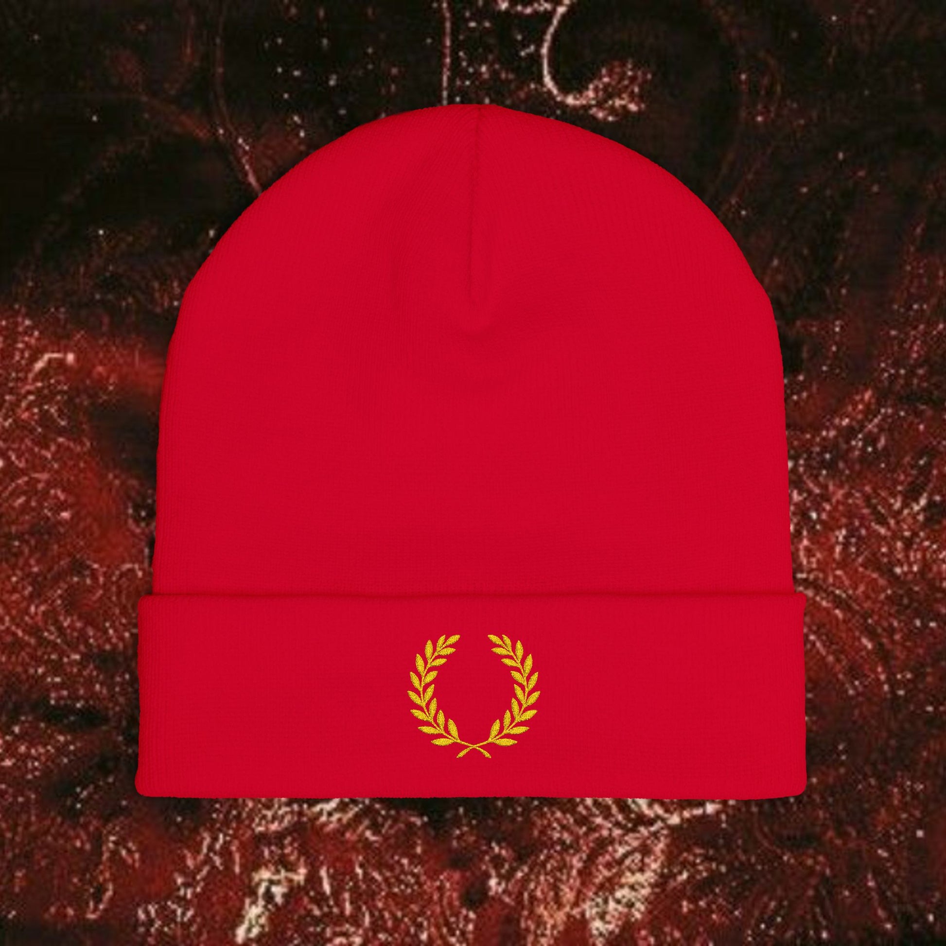 Gold Laurel Knit Beanie with Embroidered Laurel Wreath, Winter Accessory, Cozy Gift for Him/Her, Fall/Winter Fashion, Casual Headwear
