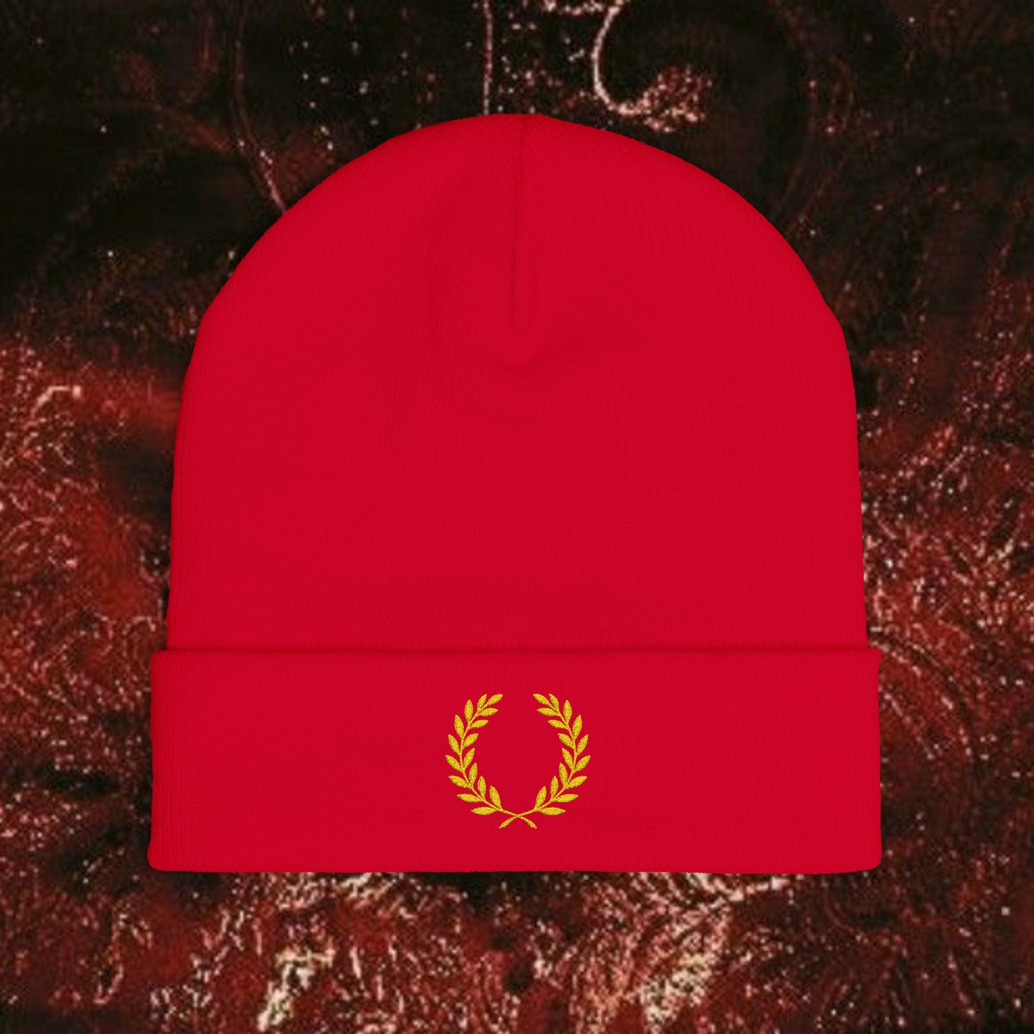 Gold Laurel Knit Beanie - Embroidered Winter Hat