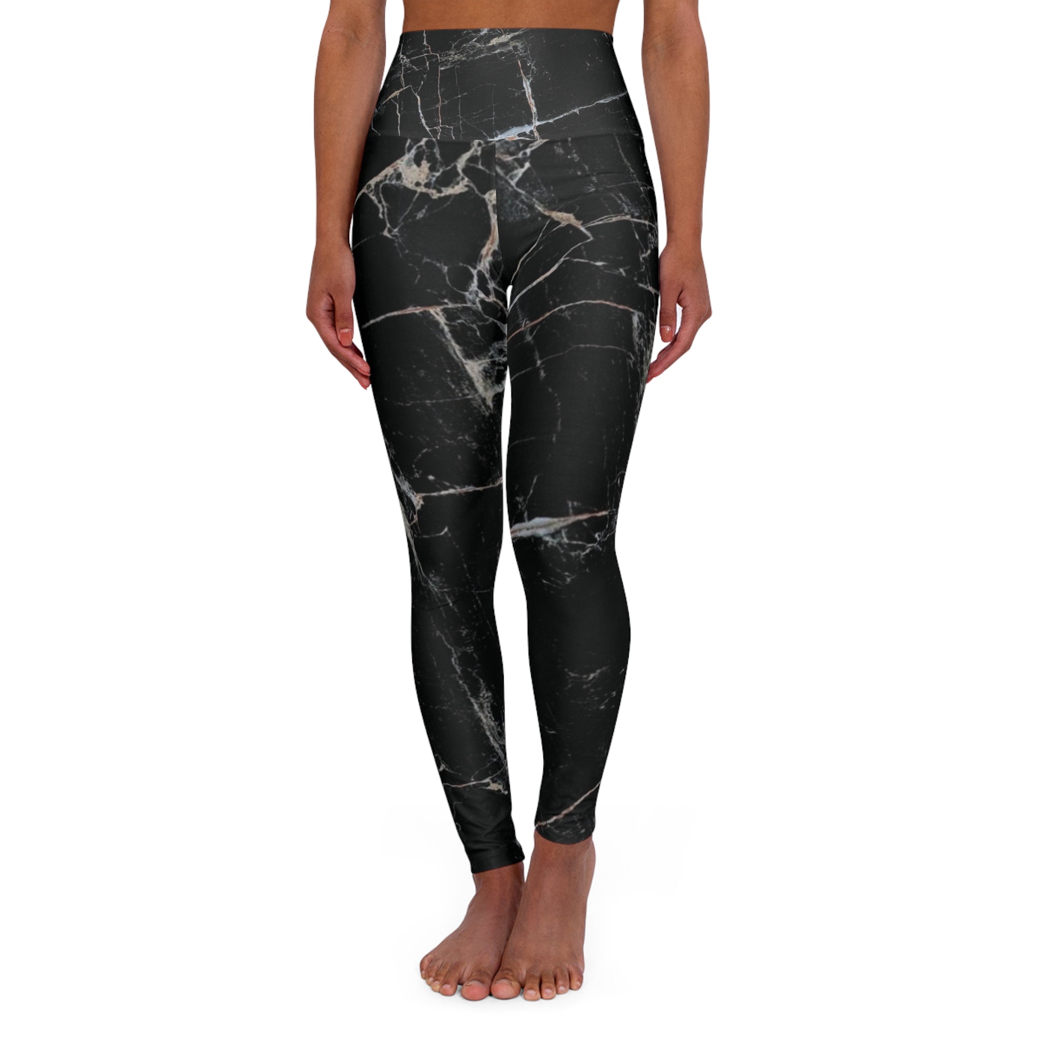 Black Marble High Waisted Yoga Leggings - 4-Way Stretch Workout Pants