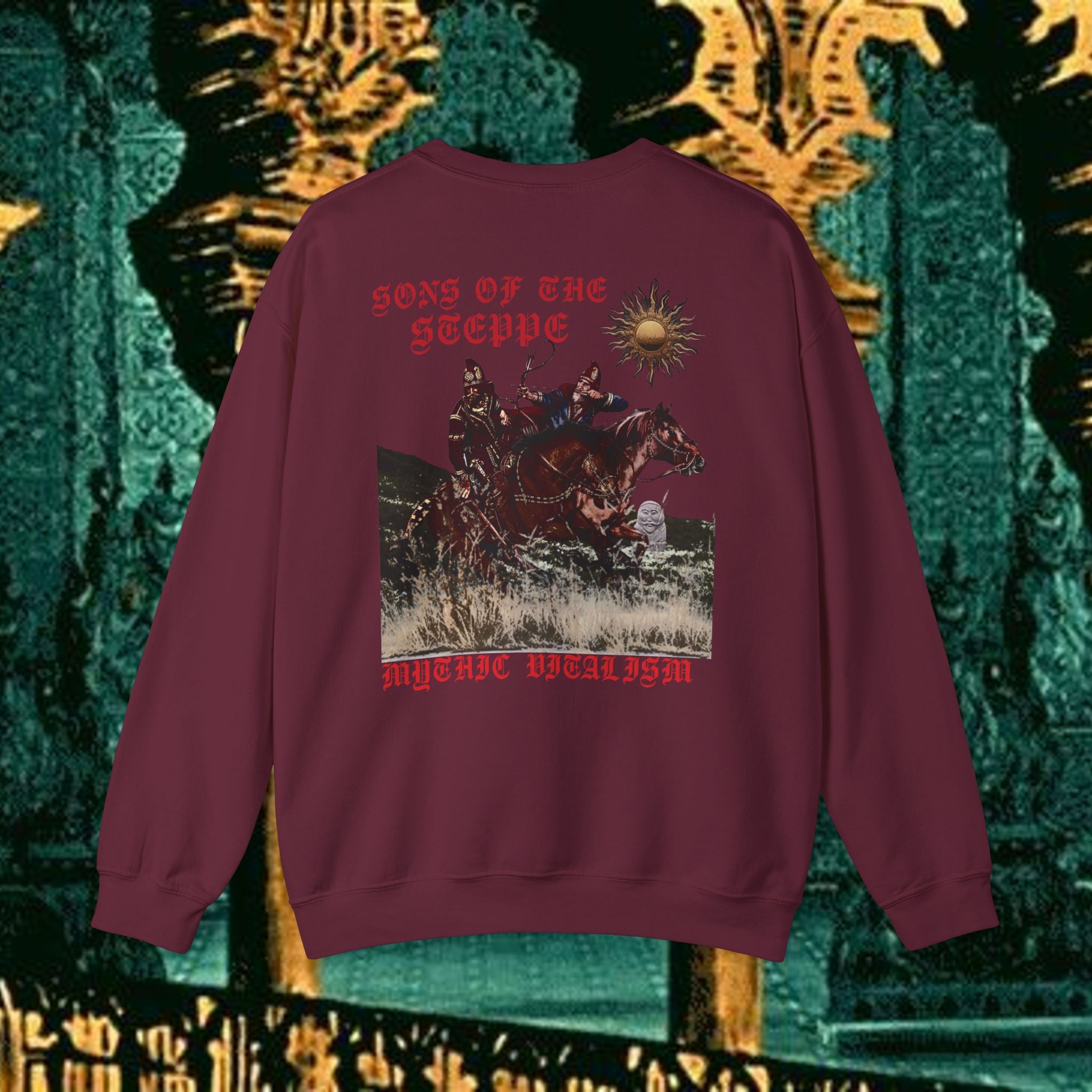 Sons of the Steppe Crewneck Sweatshirt — Mythic Warrior Horseback Graphic Back Version