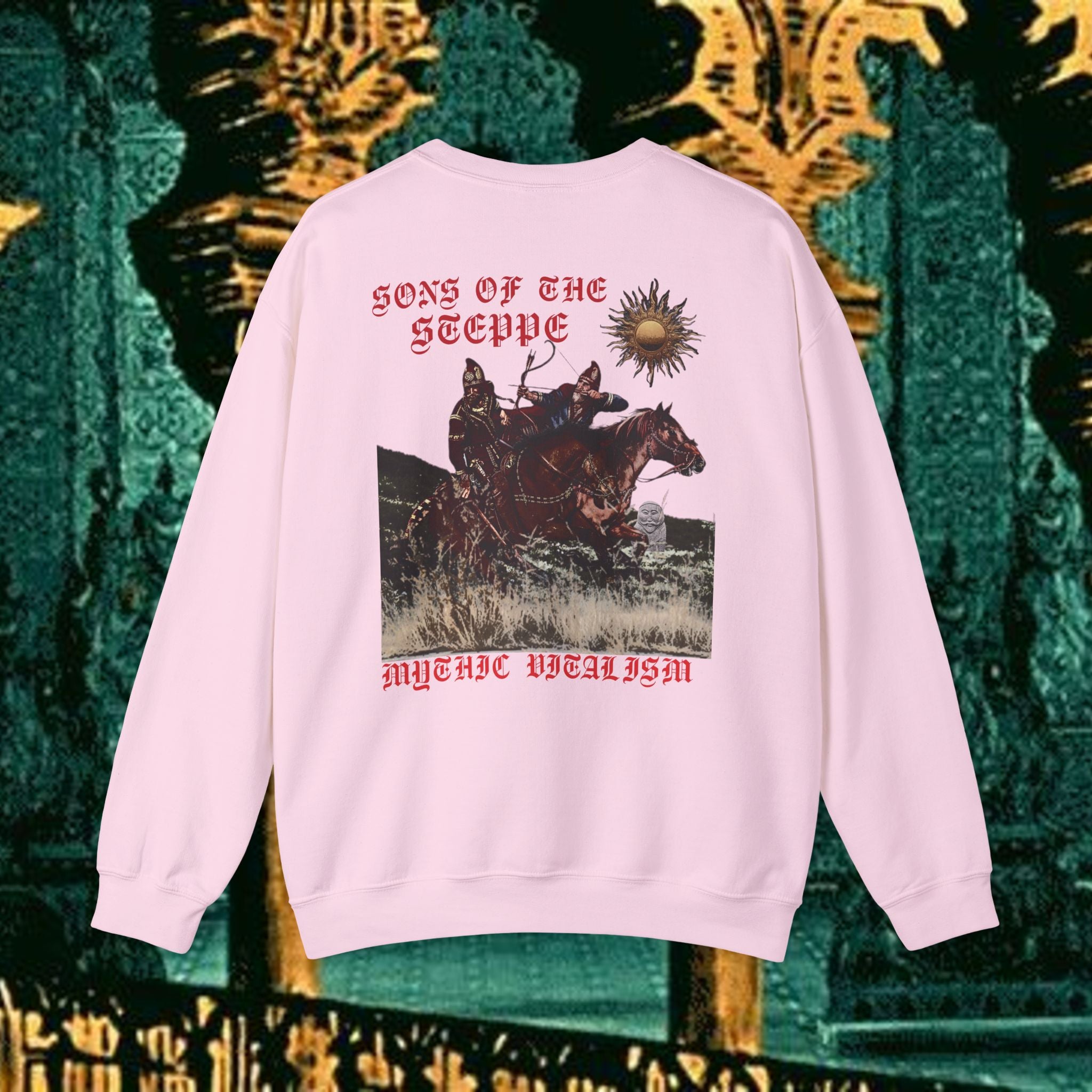 Sons of the Steppe Crewneck Sweatshirt — Mythic Warrior Horseback Graphic Back Version
