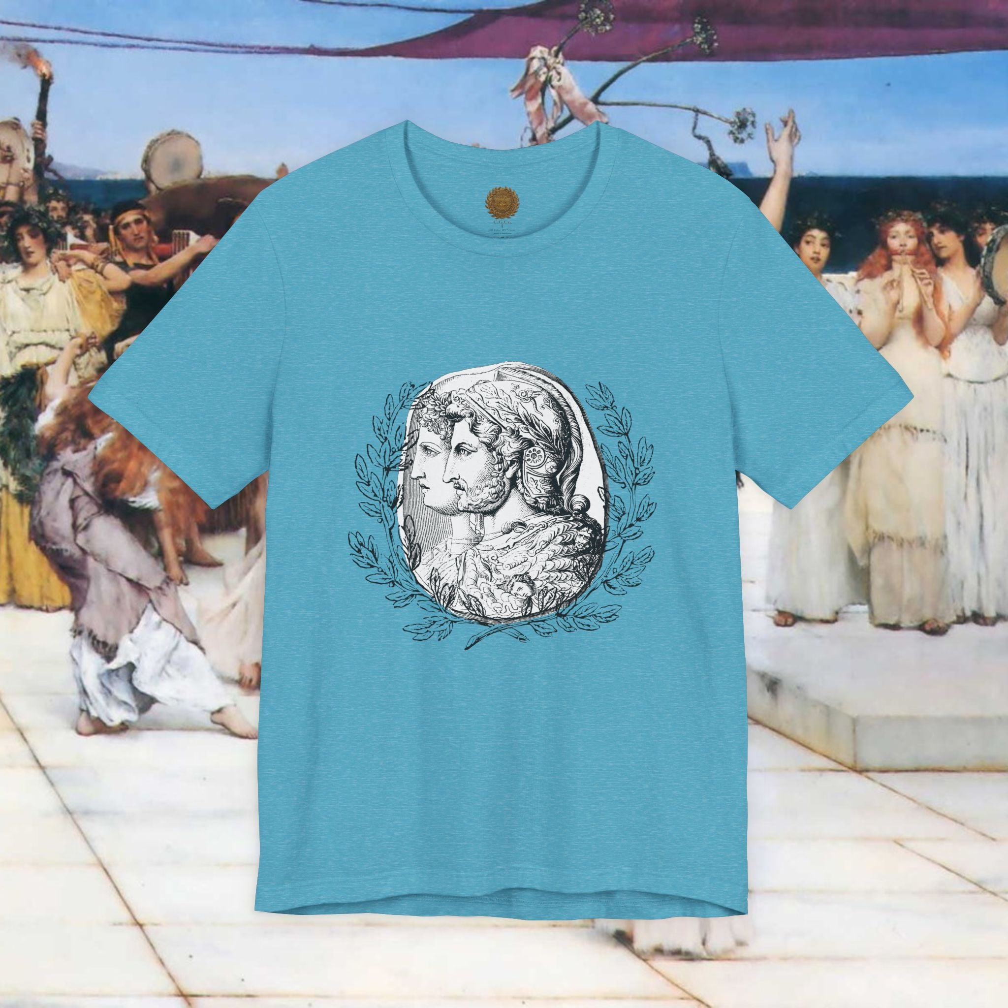 Roman Warrior Cameo Graphic T-Shirt – Plumed Helmet Portrait in Engraved Medallion Style | Ancient History Gift