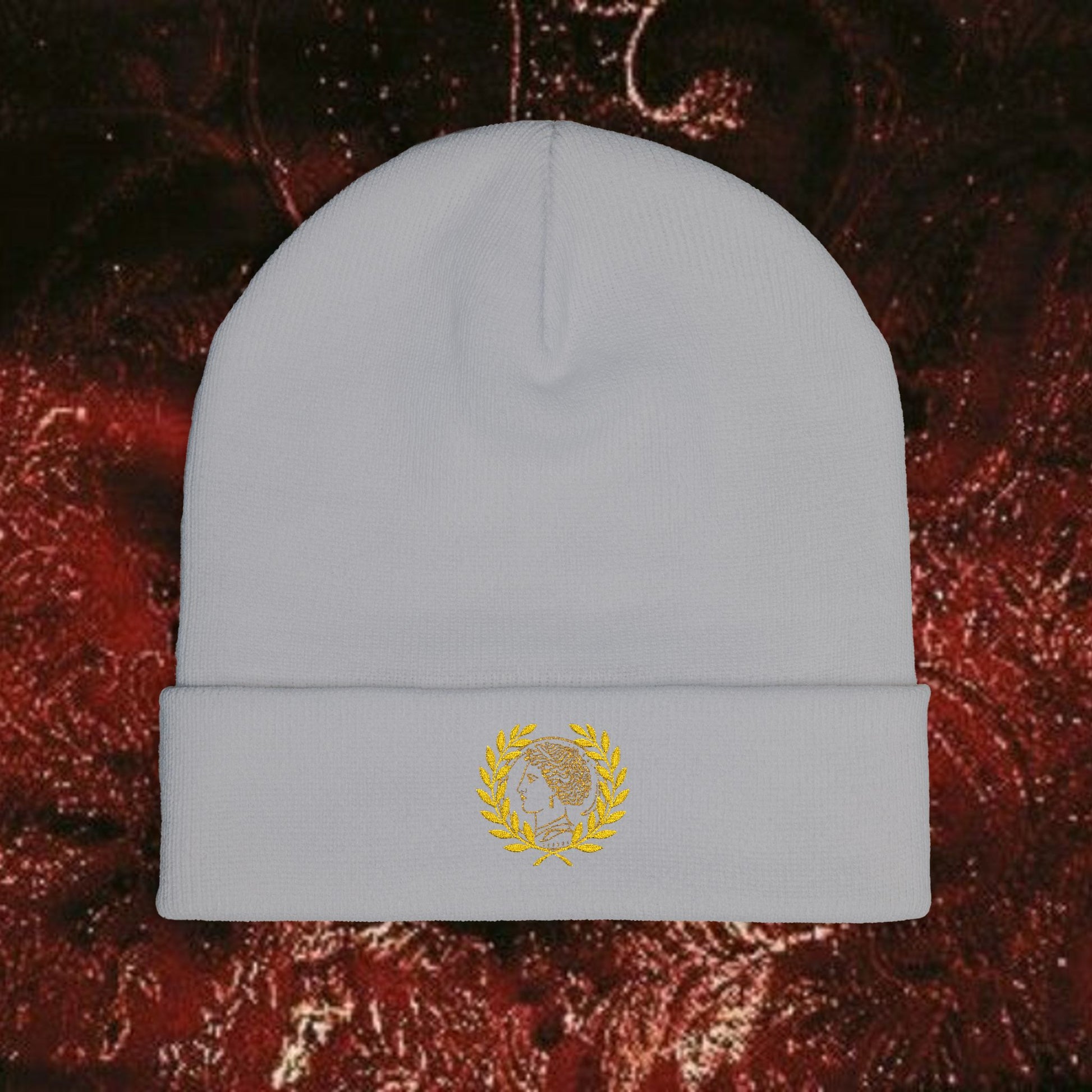 Embroidered Knit Beanie with Golden Laurel Design, Winter Accessories, Gift for Her, Stylish Beanie, Cool Weather Hat, Casual Fashion