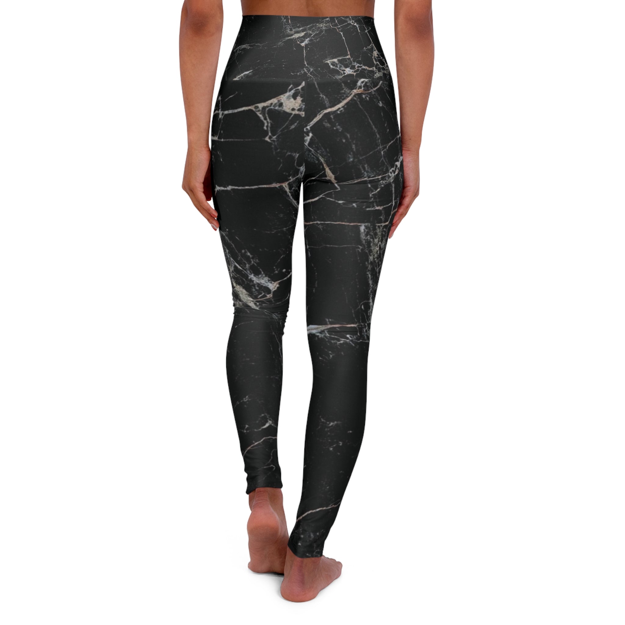 Black Marble High Waisted Yoga Leggings - 4-Way Stretch Workout Pants