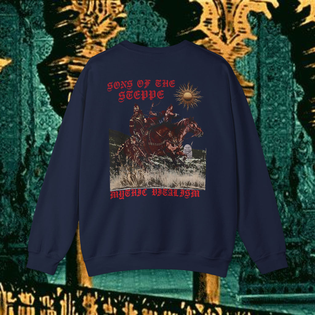 Sons of the Steppe Crewneck Sweatshirt — Mythic Warrior Horseback Graphic Back Version