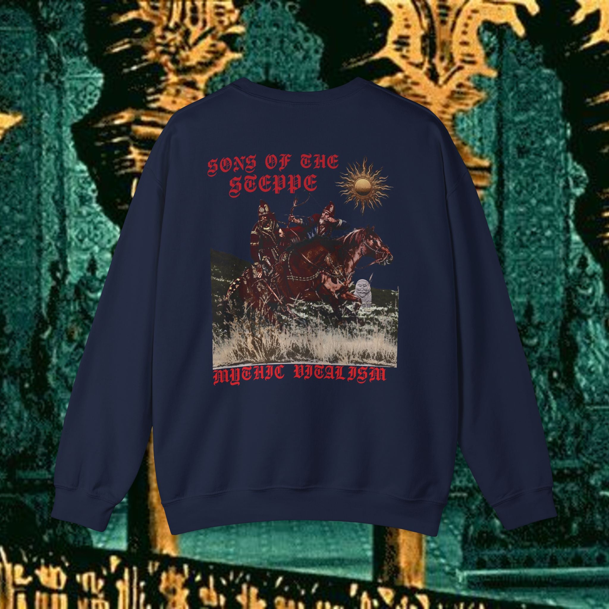 Sons of the Steppe Crewneck Sweatshirt — Mythic Warrior Horseback Graphic Back Version