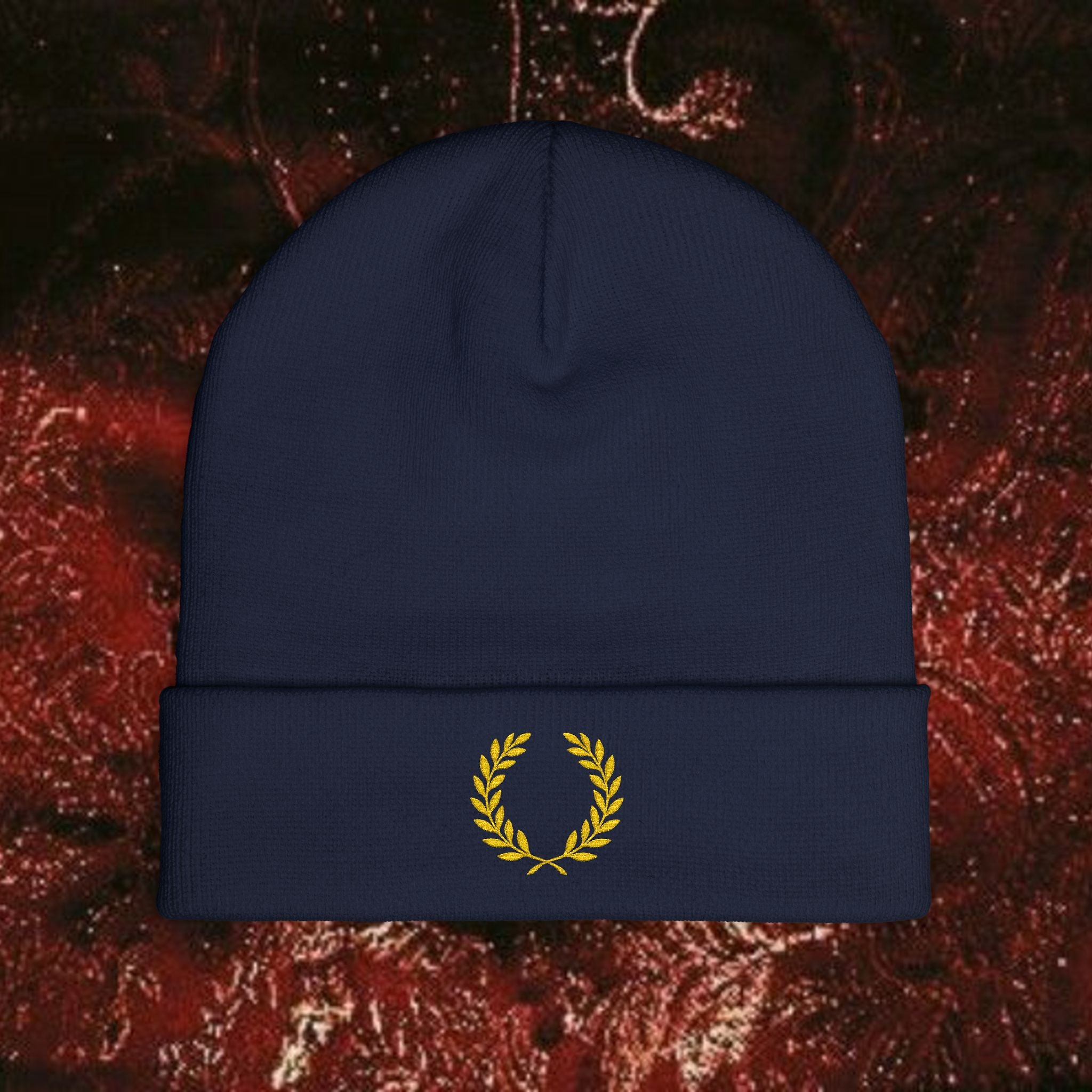 Gold Laurel Knit Beanie - Embroidered Winter Hat