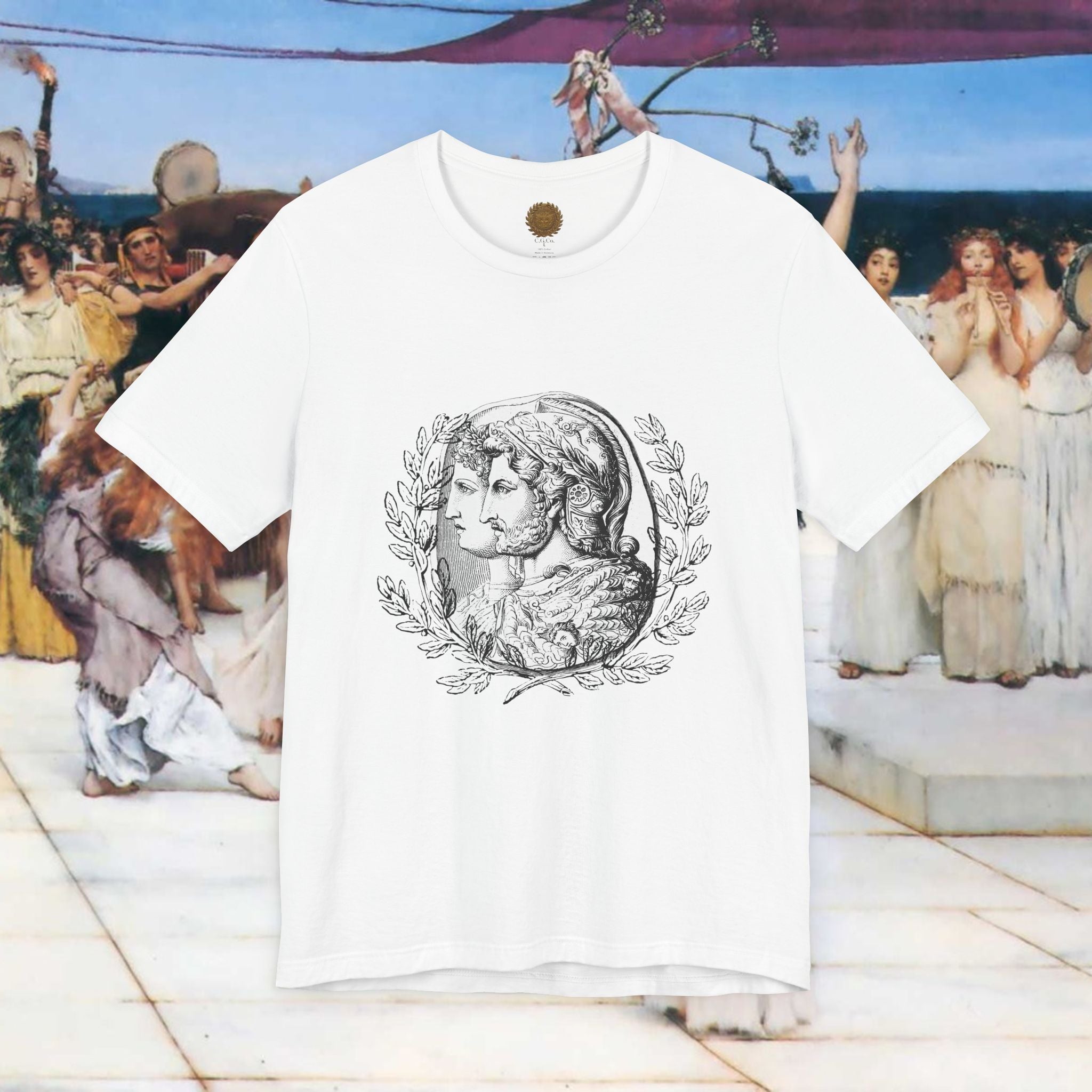 Roman Warrior Cameo Graphic T-Shirt – Plumed Helmet Portrait in Engraved Medallion Style | Ancient History Gift
