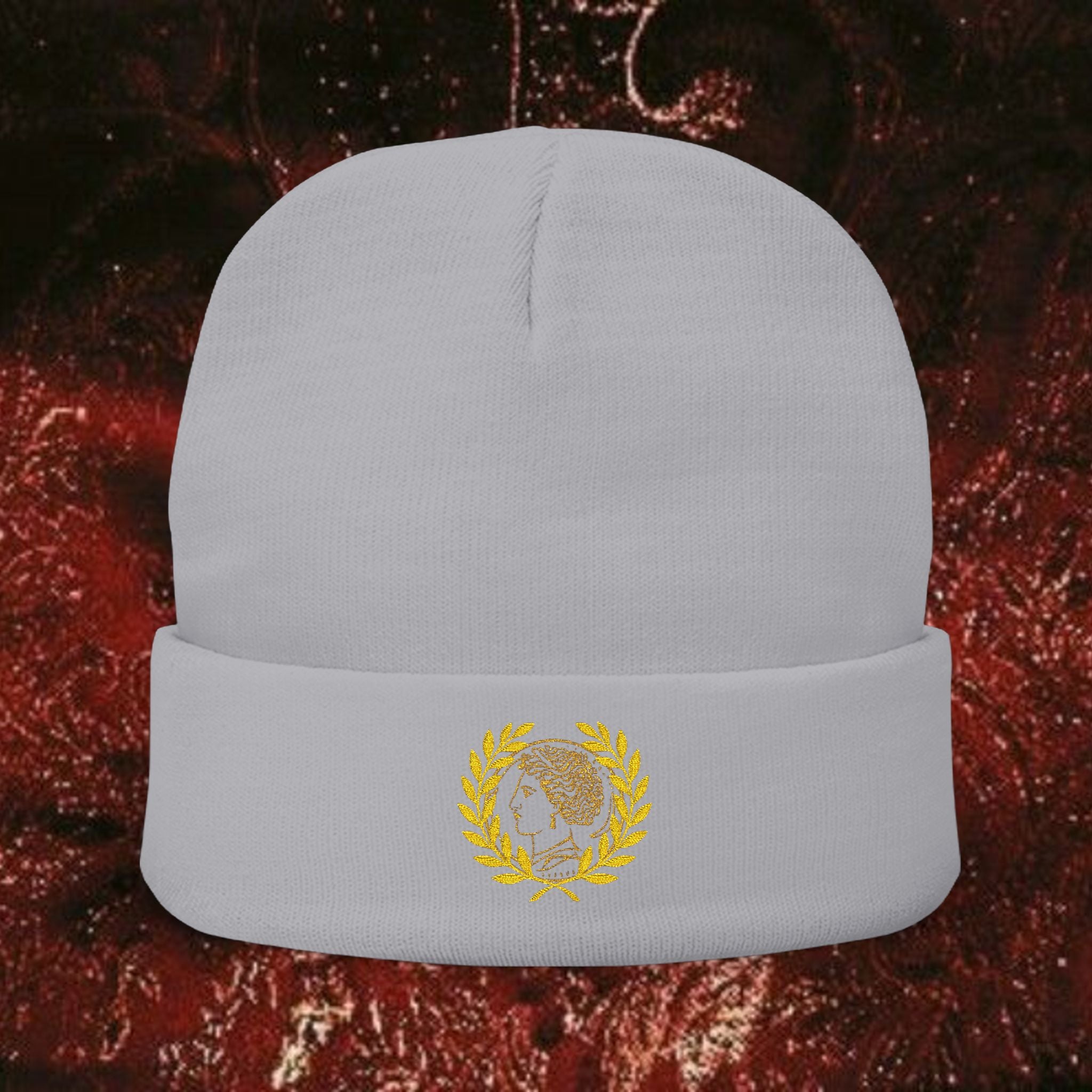 Golden Laurel Embroidered Knit Beanie - Ancient Greek Inspired Winter Hat